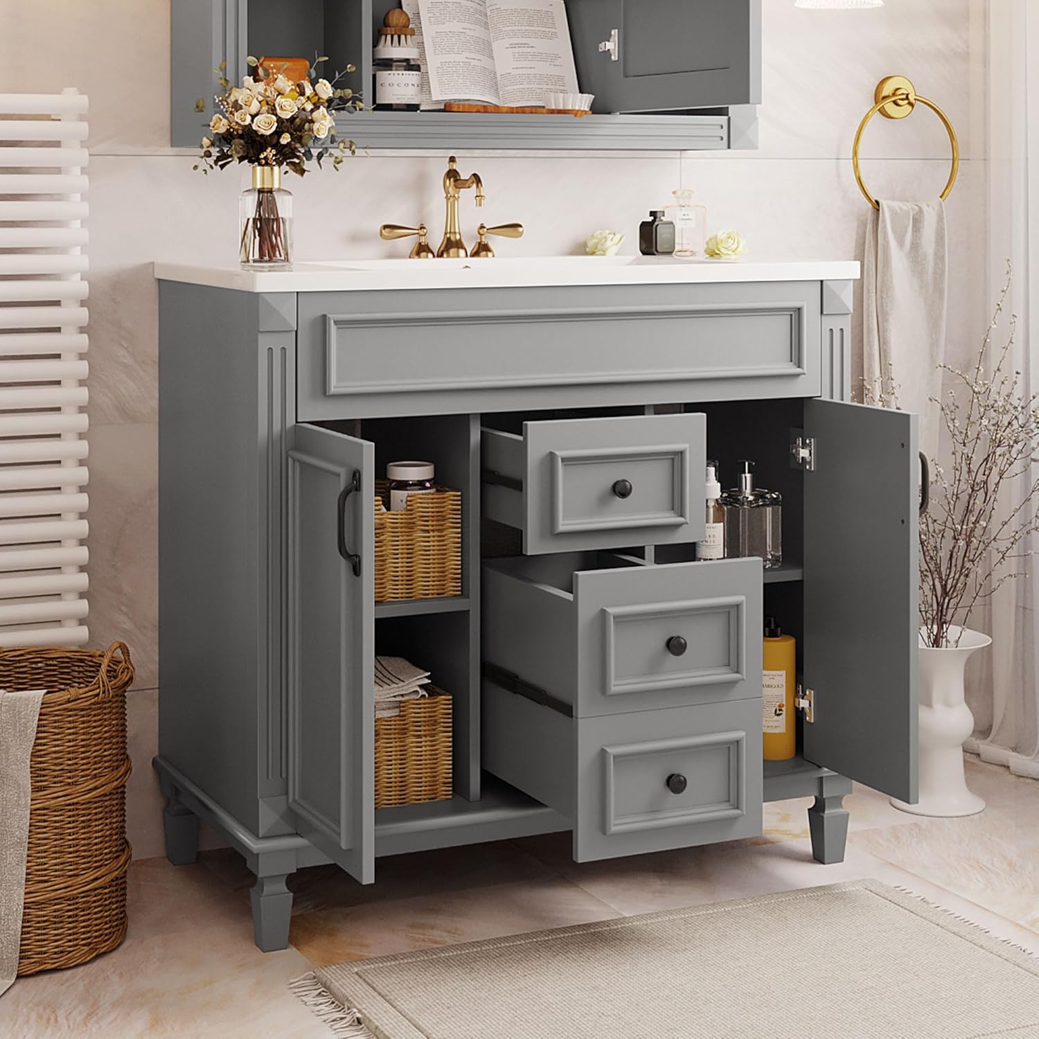 Virubi 36' 'Bathroom Vanity with Ceramic Sink, Traditional Bathroom Storage Cabinet with 2 Doors and 2 Drawers, Solid Wood Frame Bathroom Vanities