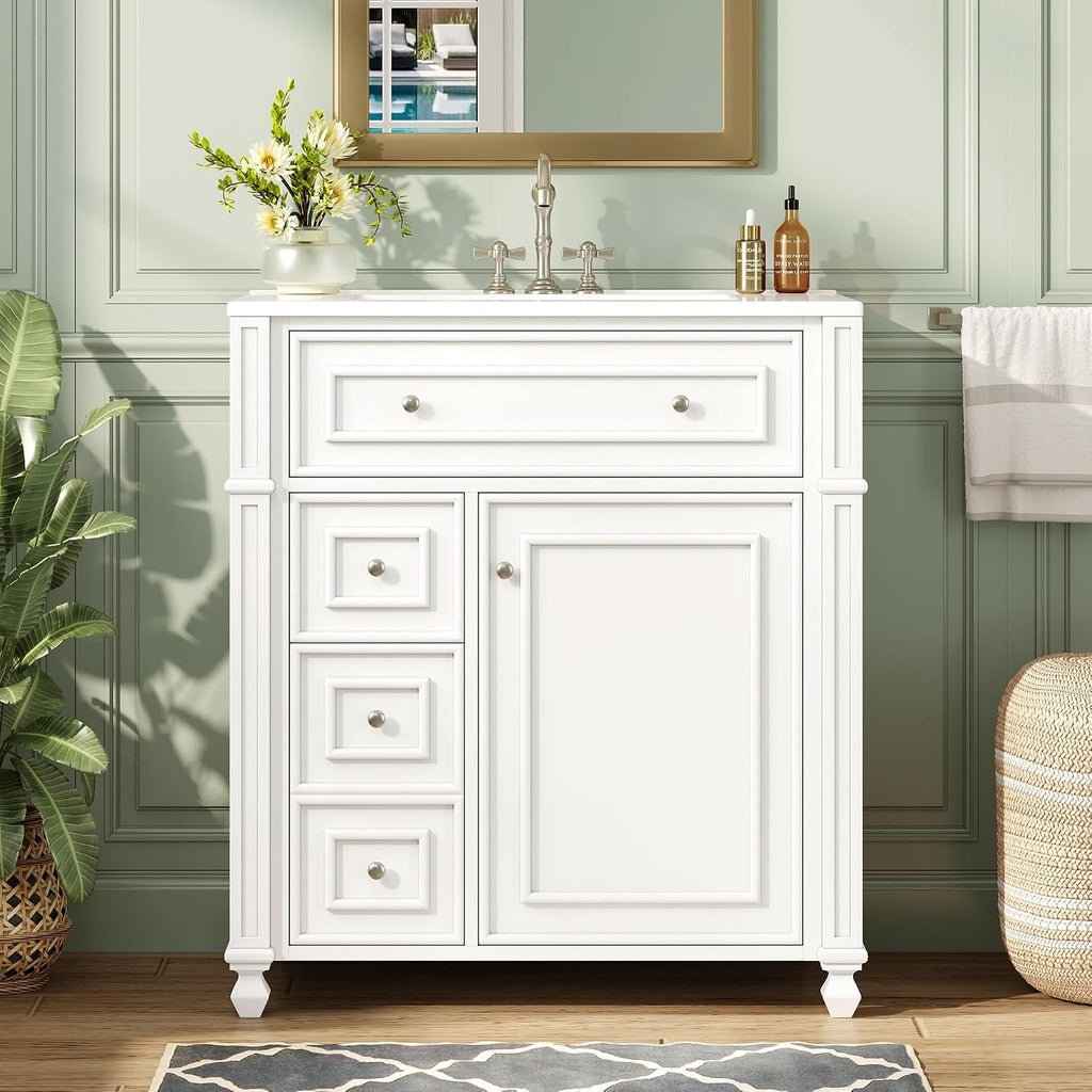 Merax 30' Bathroom Vanity with Sink, Modern Solid Wood Frame Bathroom Vanity Storage Cabinet with Adjustable Shelf, Ceramic Sink Top, Soft Closing Doors, 3 Drawers and Tip Out Drawer, White