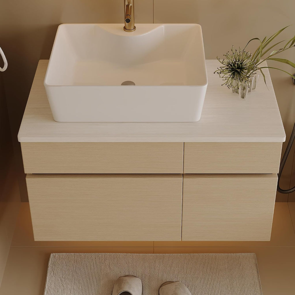 32' Floating Bathroom Vanity with Single Sink, Modern Wall Mounted Bathroom Vanities with Above Ceramic Basin, Wood Bathroom Vanity Cabinet with 1 Drawers and 2 Storage Cabinets, Natural
