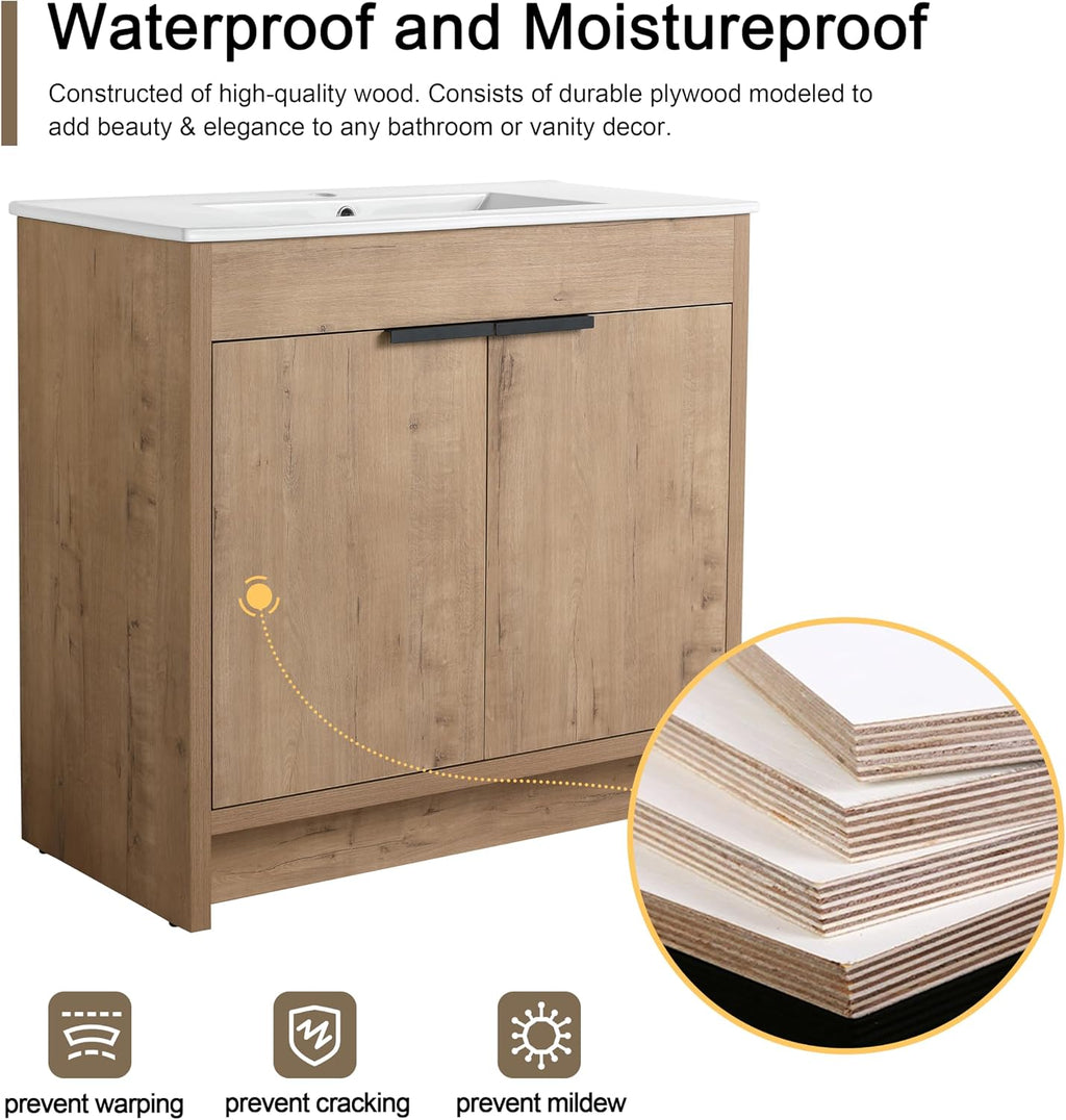 Malwee 36 Inch Freestanding Bathroom Vanity with Sink, 36'' Floor Standing Bathroom Vanity, Modern Vanity with 2 Doors and White Ceramic Basin Sink Top (024-36)