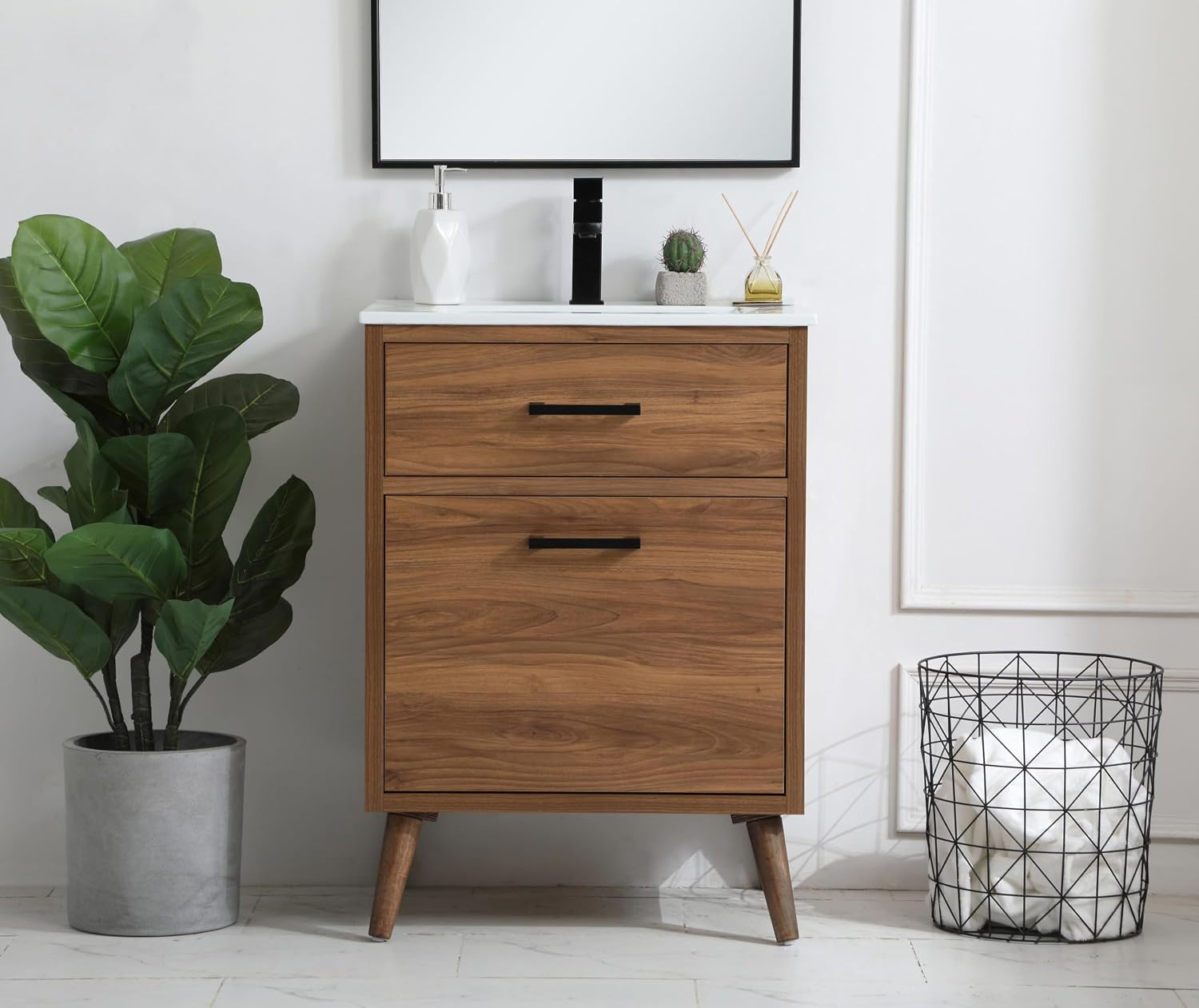 24' Pre-Assembled Bathroom Vanity with Sink, Engineered Wood, White Resin Countertop Attached, Single Rectangle Porcelain Sink, 1 Soft-Close Drawers, Walnut Brown