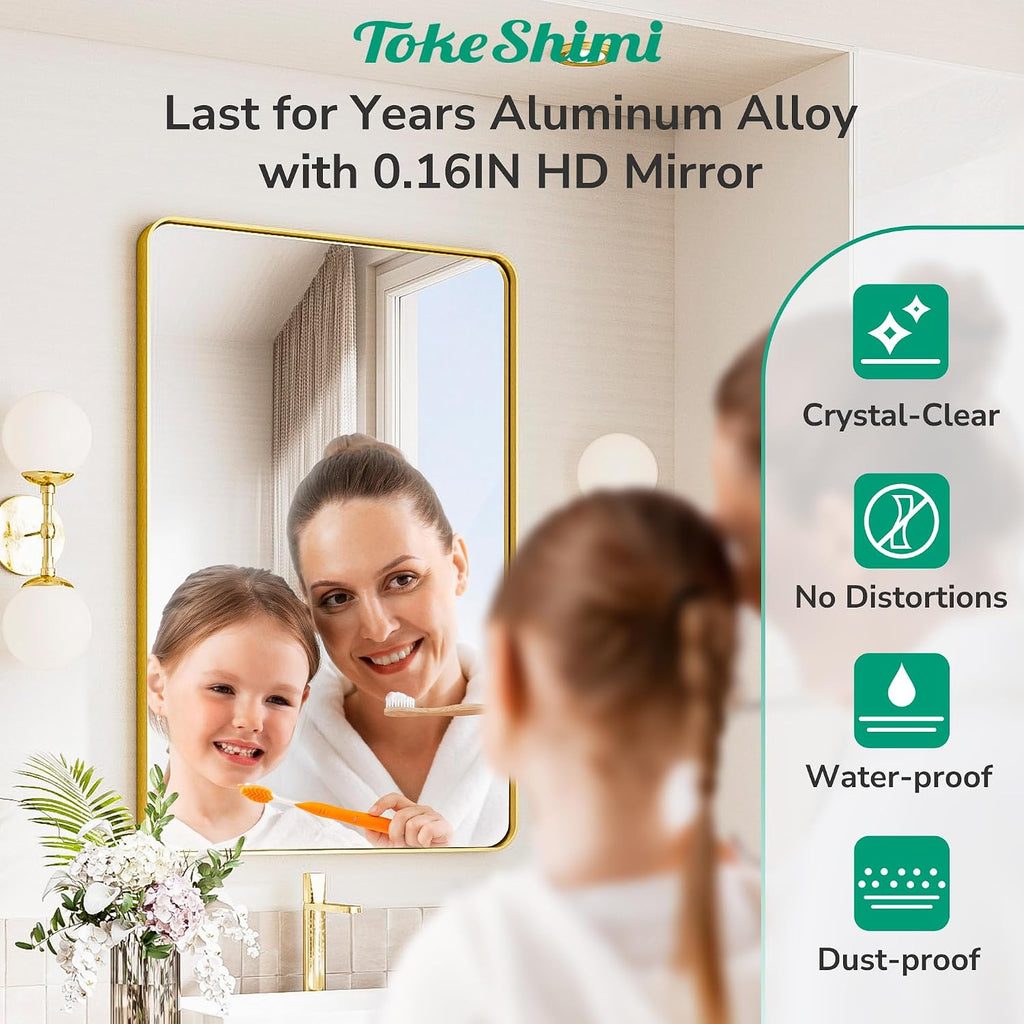 TokeShimi 48x24 Brushed Gold Bathroom Mirror for Over Sink,Bathroom Mirror Rectangle with Tempered Glass,Vanity Mirror with Aluminum Frame(Horizontal/Vertical)
