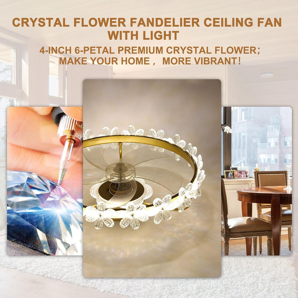 22'' Gold Crystal Ceiling Fan with Lights and Remote Control,Dimmable LED and Reversible Motor,Crystal Flower Fandelier Ceiling Fan with Light for Kids Room/Daughter's Room/Girls Bedroom