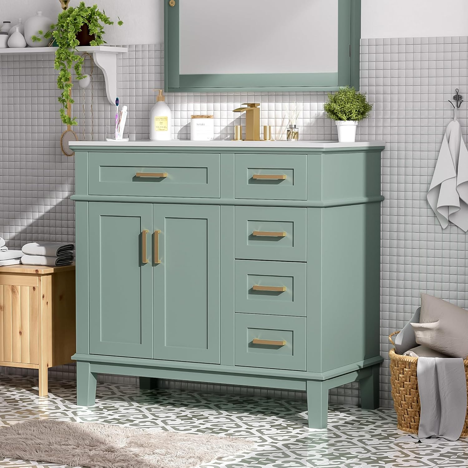 LUMISOL 36' Bathroom Vanity with Sink Combo, Modern Green Bathroom Storage Cabinet with Tip-Out Drawer, 3 Drawers & 2 Soft-Close Doors, Solid Wood Bathroom Vanity with Ceramic Sink, Green