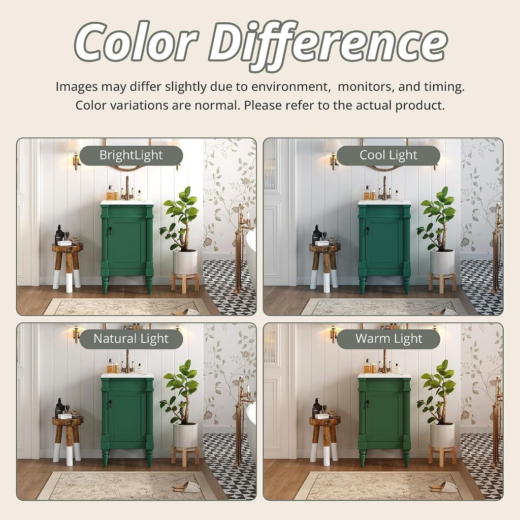 VilroCaz Modern 18'' Bathroom Vanity with Top Sink, Freestanding Bathroom Storage Cabinet with Door and Adjustable Shelf, Single Sink Cabinet with Nordic Style Legs (Green-Retro)