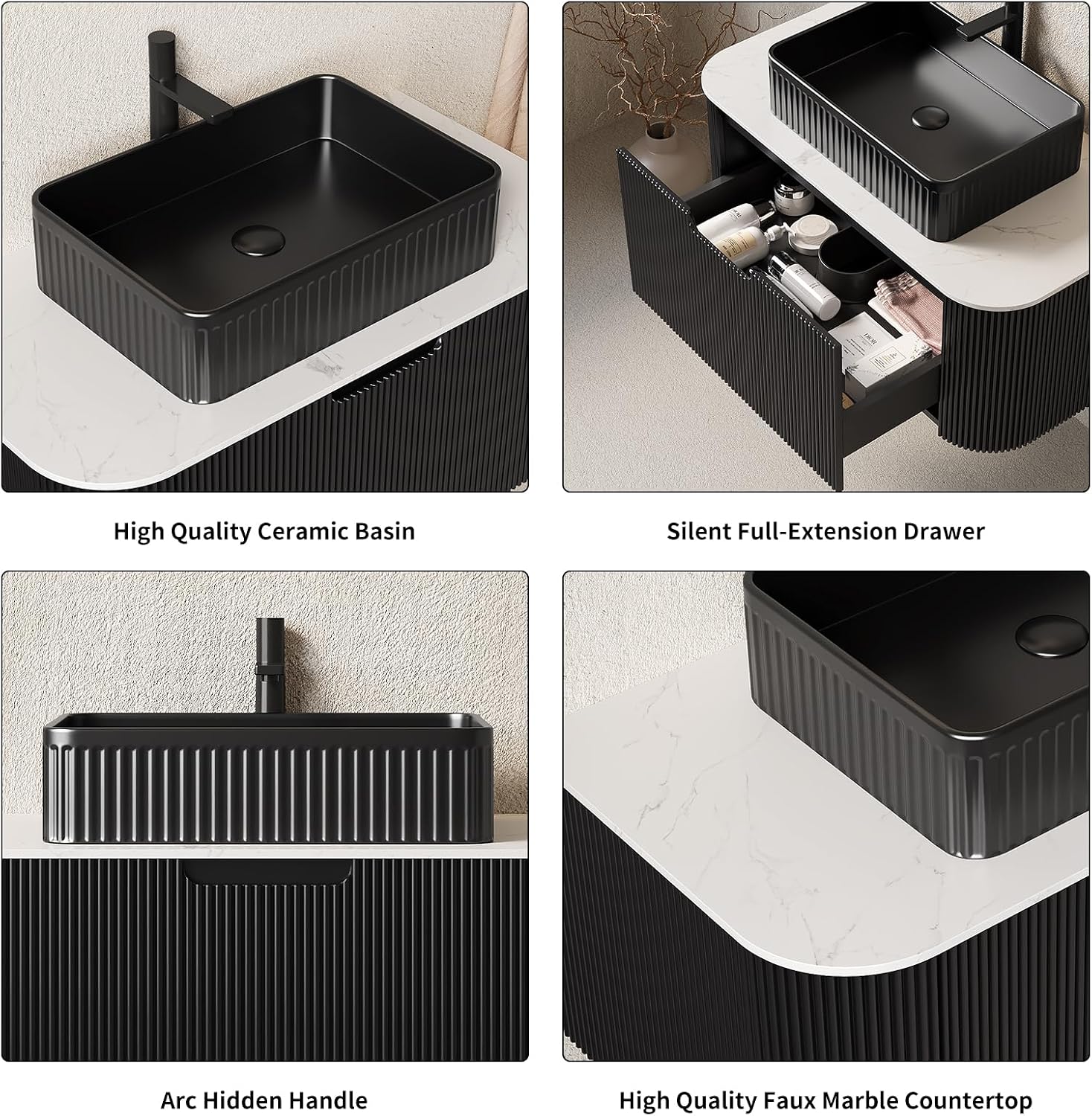 Yayzy 30' Floating Bathroom Vanity with Sink, Solid Wood Fluted Cabinet, Black Fluted Square Ceramic Basin & Faux Marble Top, Soft-Close Drawer, Pre-Assembled, Gloss Black
