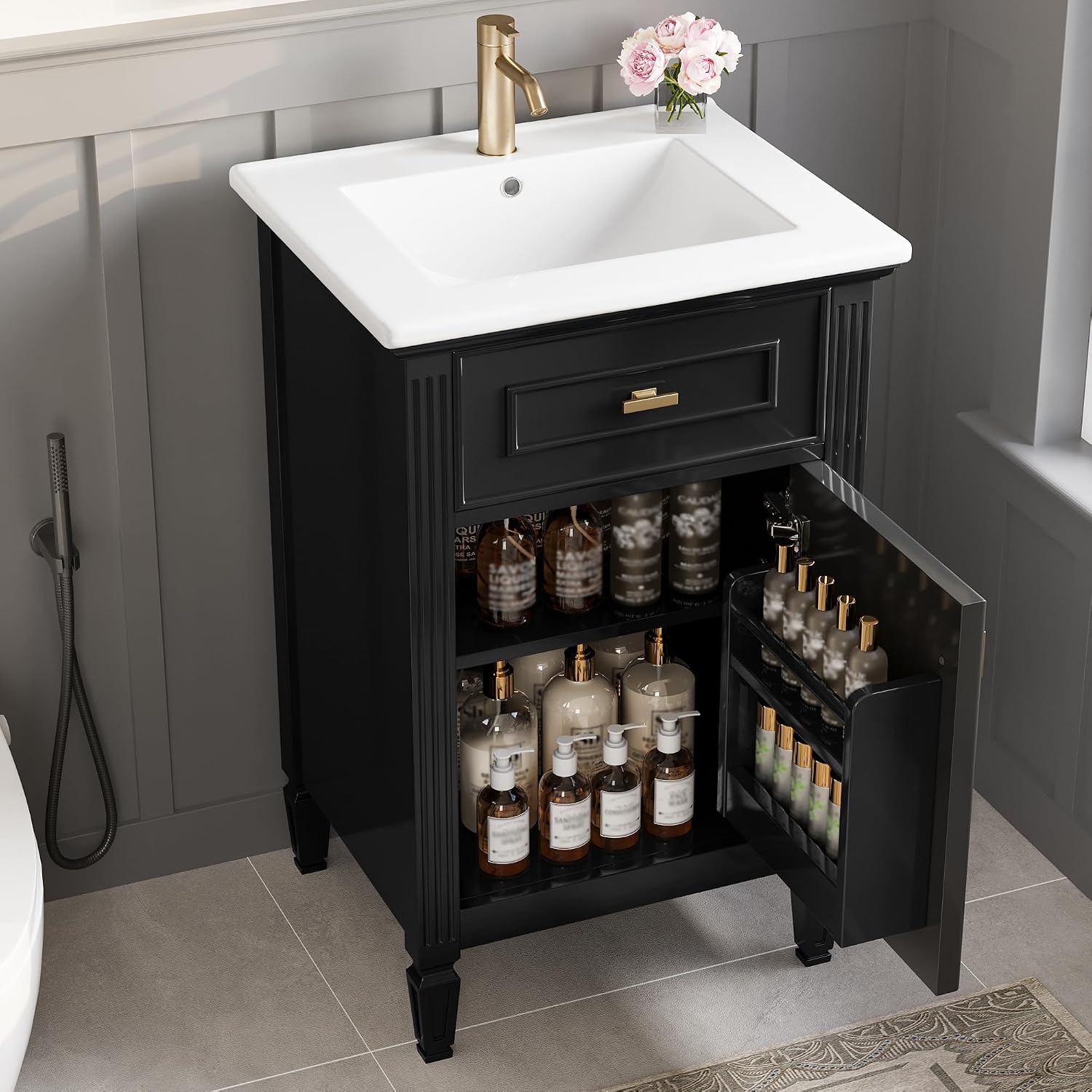 VilroCaz 20'' Bathroom Vanity with Sink, Freestanding Storage Cabinet with Tilt-Out Drawer, Adjustable Shelf and Solid Wood Legs for Small Bathroom (Black-4.10)