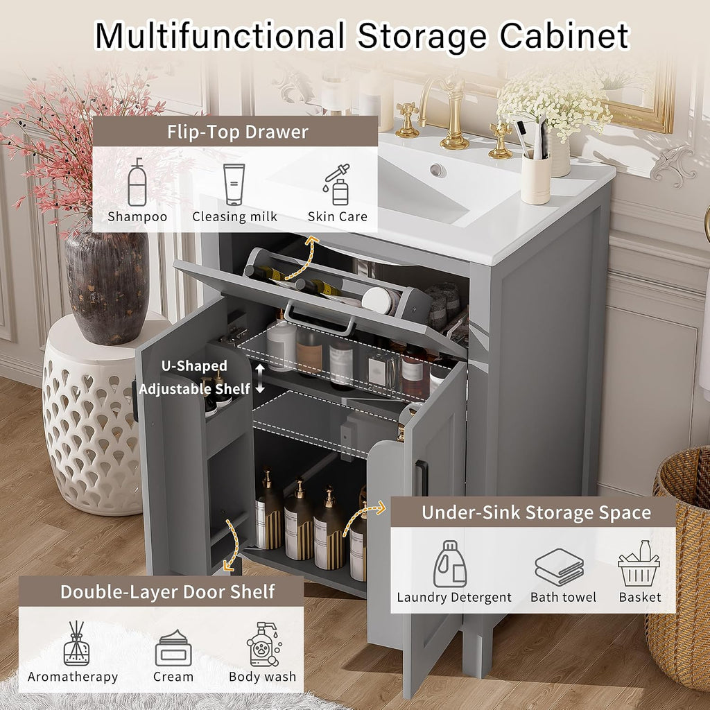 Harper & Bright Designs 24' Bathroom Vanity with Sink, Free Standing Single Basin Vanity Set with 2 Soft-Close Doors and Drawer, Modern Wooden Storage Cabinet with Ceramic Basin for Bathroom, Grey