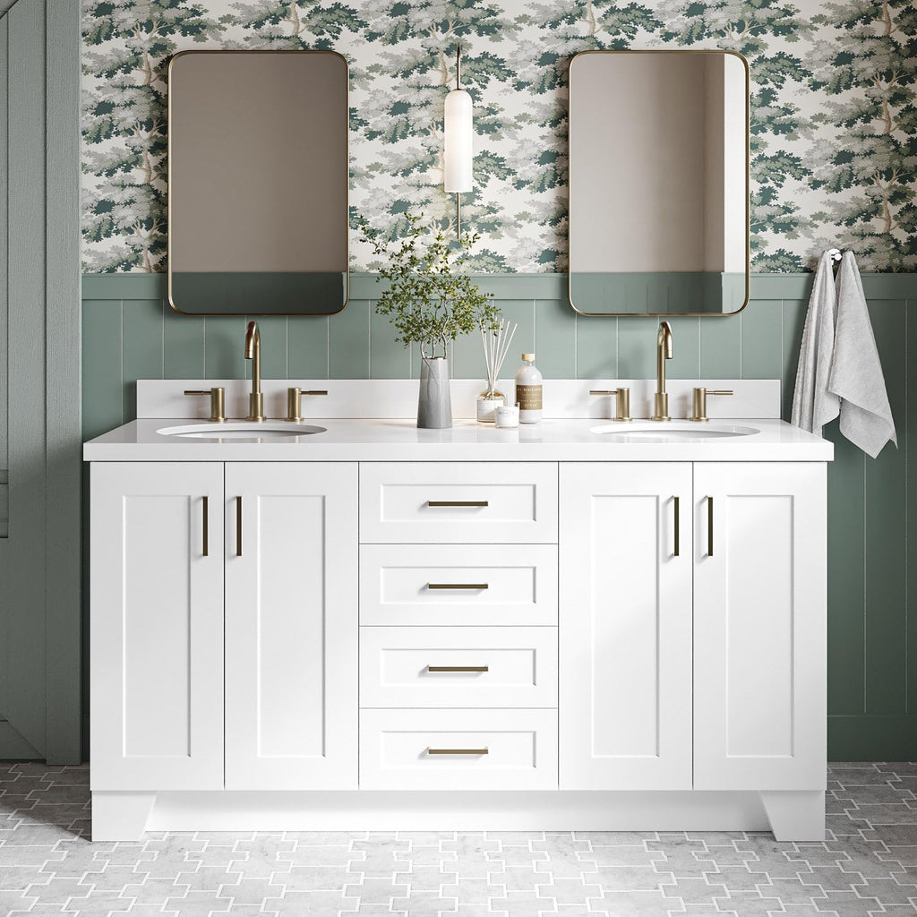 DKB Emilia 66-Inch White Double Bathroom Vanity, 1.5-Inch Edge Pure White Quartz Countertop & Backsplash, Oval Undermount Sinks, 4 Soft Closing Doors, 6 Dovetail Drawers, Toe Kick, Satin Brass