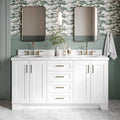 DKB Emilia 66-Inch White Double Bathroom Vanity, 1.5-Inch Edge Pure White Quartz Countertop & Backsplash, Oval Undermount Sinks, 4 Soft Closing Doors, 6 Dovetail Drawers, Toe Kick, Satin Brass