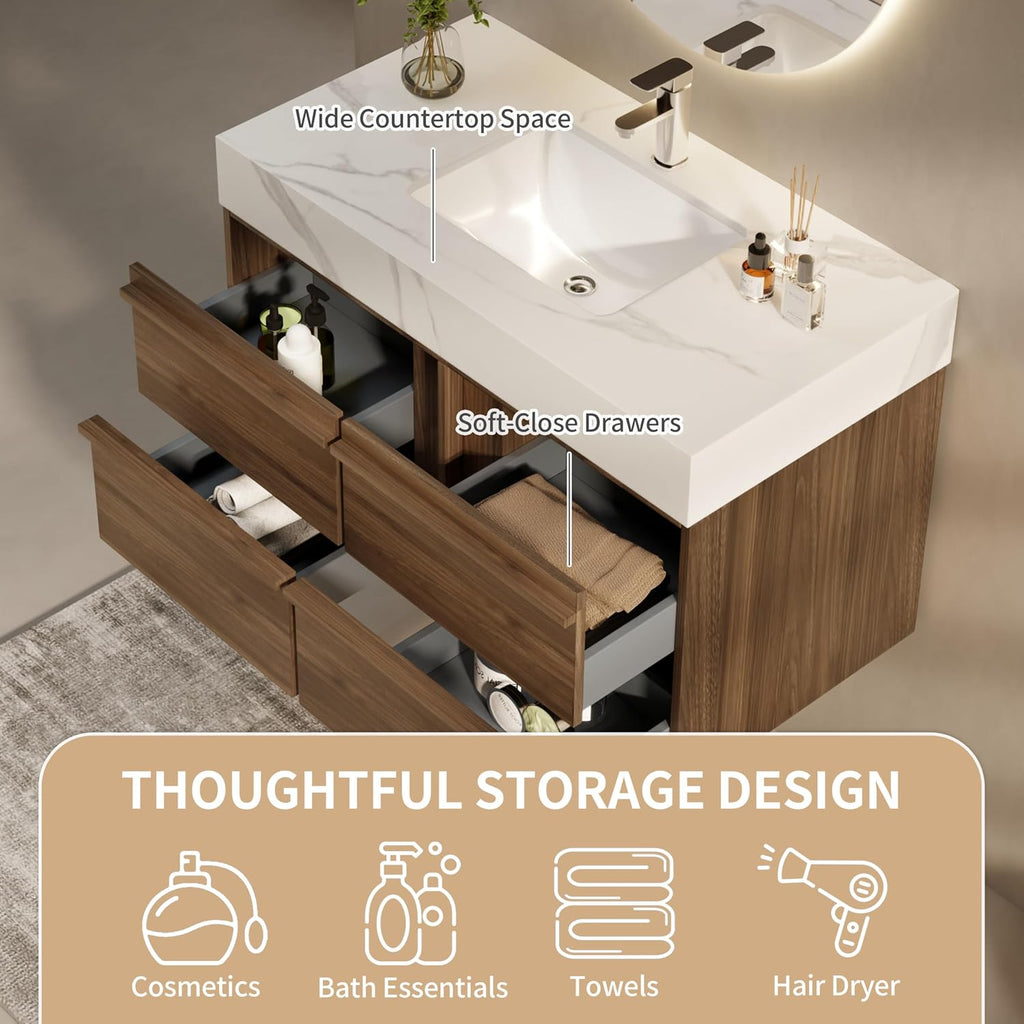 36 Inch Floating Bathroom Vanity with Sink Combo, Modern Sintered Stone Top Wood Bathroom Storage Cabinet, Ceramic Single Sink Vanity, Pre-Assembled with Drawers