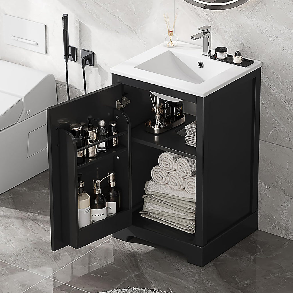 20' Bathroom Vanity with Sink, Harper & Bright Designs Free Standing Single Basin Vanity Set with Soft Closing Door and Storage Rack, Solid Wood Bathroom Cabinet with Ceramic Basin for Bathroom, Black
