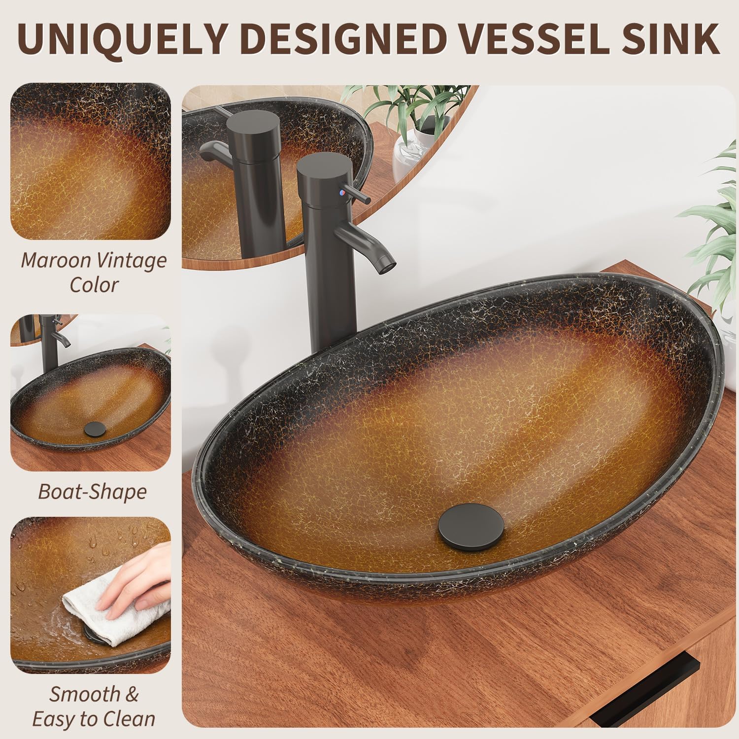 EROMMY 24 Inch Bathroom Vanity with Sink Combo, Bathroom Vanity with 2 Doors, Rustic Freestanding Bathroom Cabinet with Adjustable Shelf & Boat Glass Vessel Sink, Includes Water Tap & Sink Accessories