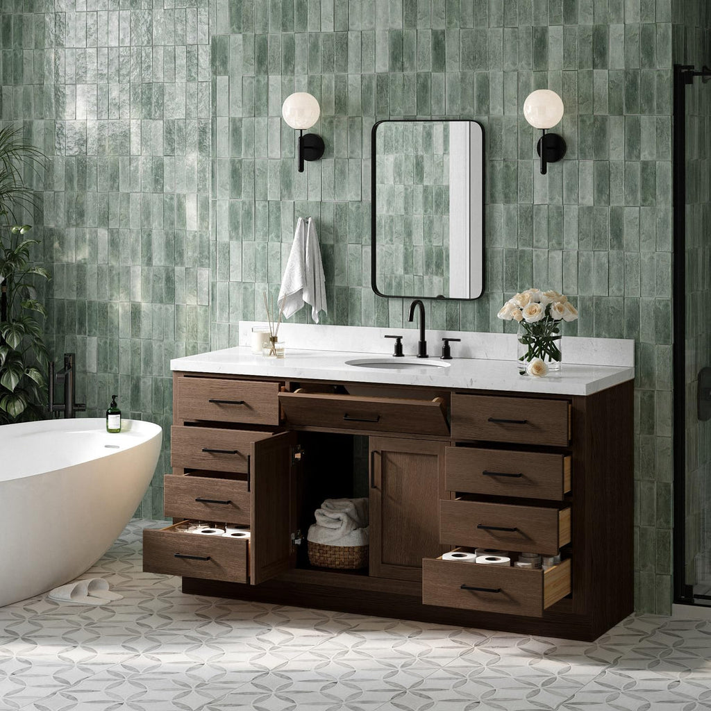 ARIEL Hepburn 66-inch Bathroom Vanity with Sink,Solid Wood, 1.5-inch Carrara White Quartz Countertop & Backsplash, Single Oval Porcelain Sink, 2 Soft Closing Doors, 9 Dovetail Drawers, Brown Oak