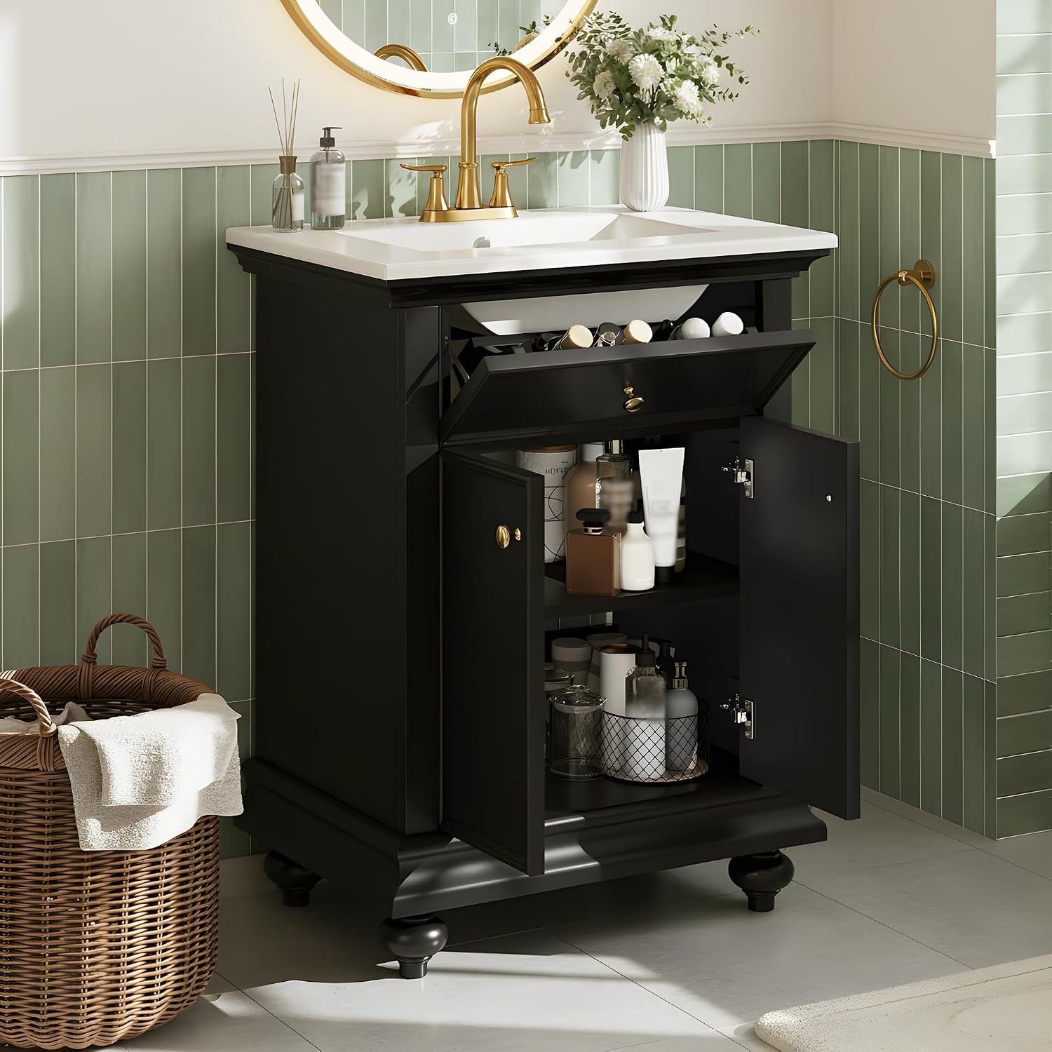Marzzi 24' Bathroom Vanity with Ceramic Sink, Powder Room Small Bathroom Vanity Cabinet with 2 Soft-Close Doors, Tip-Out Tray, and Adjustable Shelf, Solid Wood Feet, Painted Finish