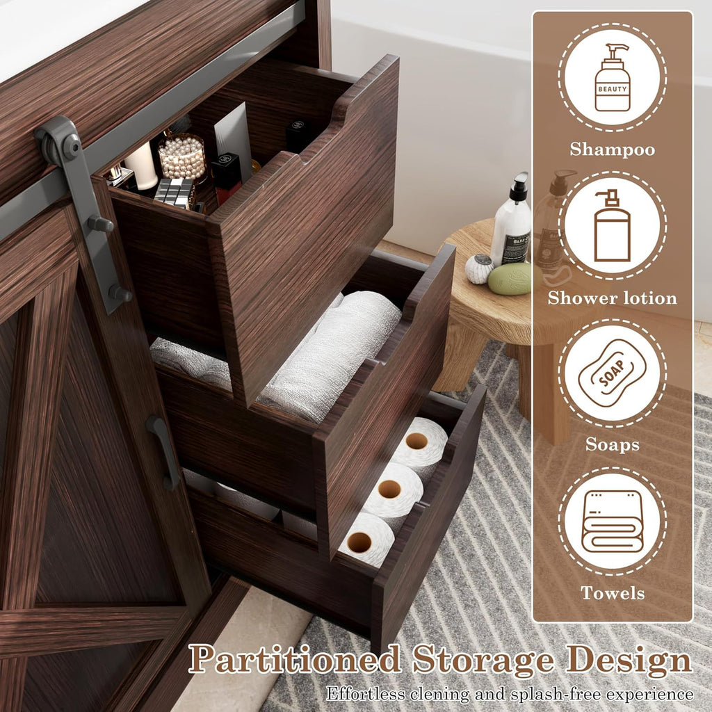 chartustriable 36 Inch Bathroom Vanity with Sink & Faucet & Mirror, Farmhouse Bathroom Vanity Cabinet Set with Sliding Barn Door & Drawers, Small Single Bath Storage Vanity Sink, Brown