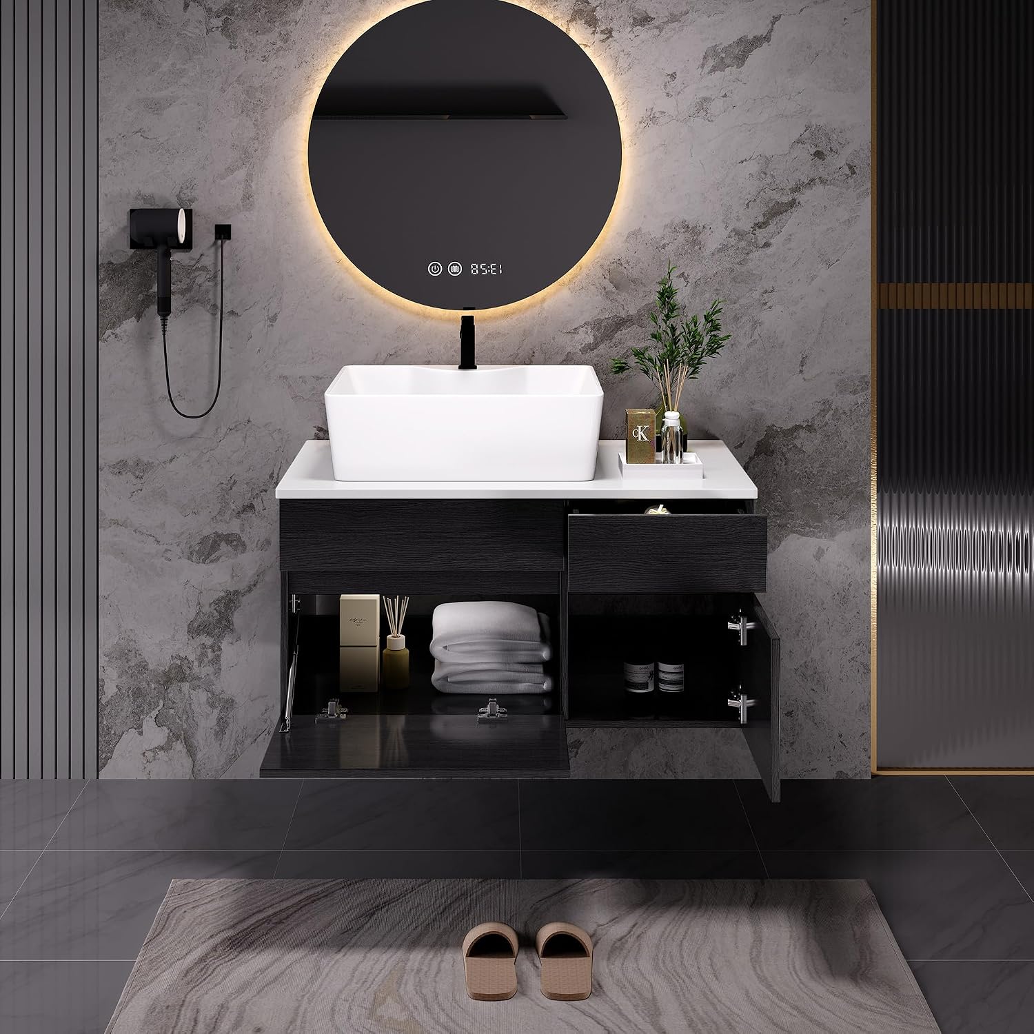 32 inch Bathroom Vanity with Ceramic Sink Modern Floating Bathroom Vanity with 1 Drawers and 2 Storage Cabinets, 32' Wall Mounted Black Bathroom Vanity Cabinet with Sink