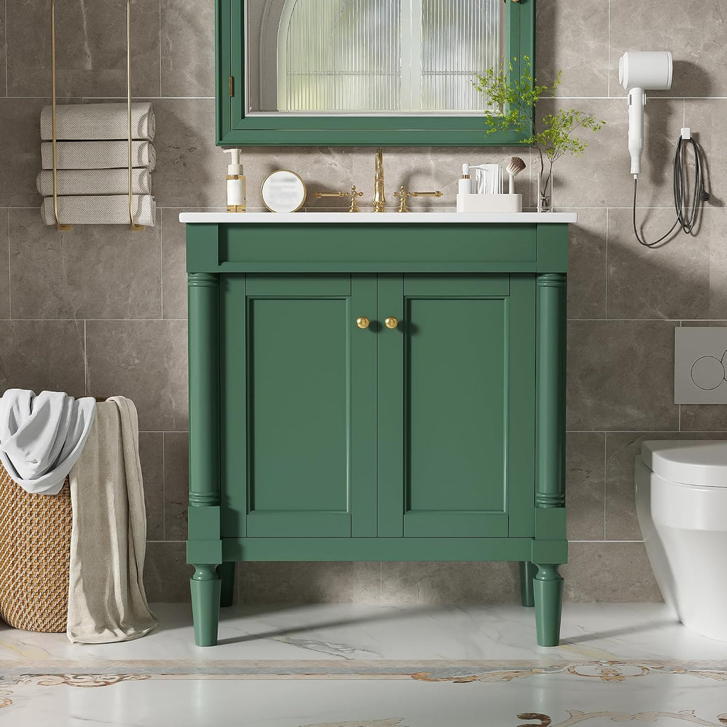 30' Vintage Bathroom Vanity with Sink & Countertop Mid-Century Retro Bathroom Vanity with 2 Soft-Close Doors Freestanding Bathroom Storage Cabinet with Roman Column Base & Metal Handles,Green