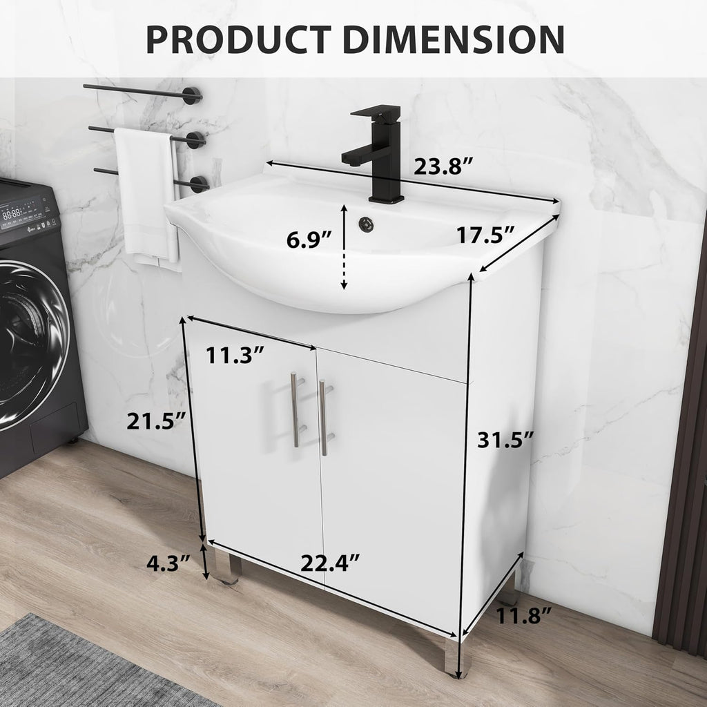 LUCKWIND 24 Inch White Laundry Sink Cabinet Set with Ceramic Belly Bowl Sink and Faucet - Bathroom Vanity Combo, Ceramic Utility Sink for Laundry, Utility Room, Bathroom, Kitchen