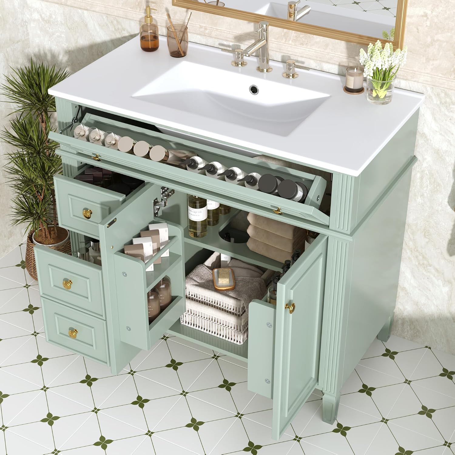 36' Bathroom Vanity Cabinet with Ceramic Countertop Sink Combo Set, Solid Wood Frame, Tilt-Out Drawers and Left Side Drawers, Soft Closing Door Hinges, Green