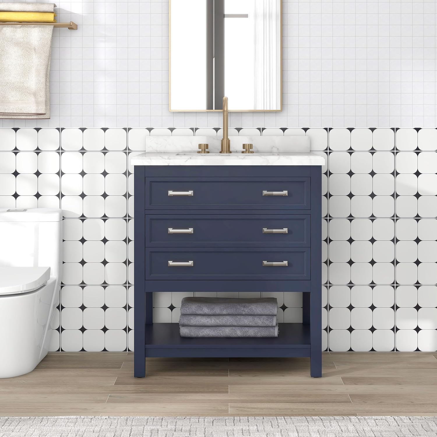 Furniture of America Genevieve 31 inch Modern Bathroom Vanity with Sink, Wood Cabinet with Carrera Marble Top, Soft-Closing Drawers and Open Shelf, Blue