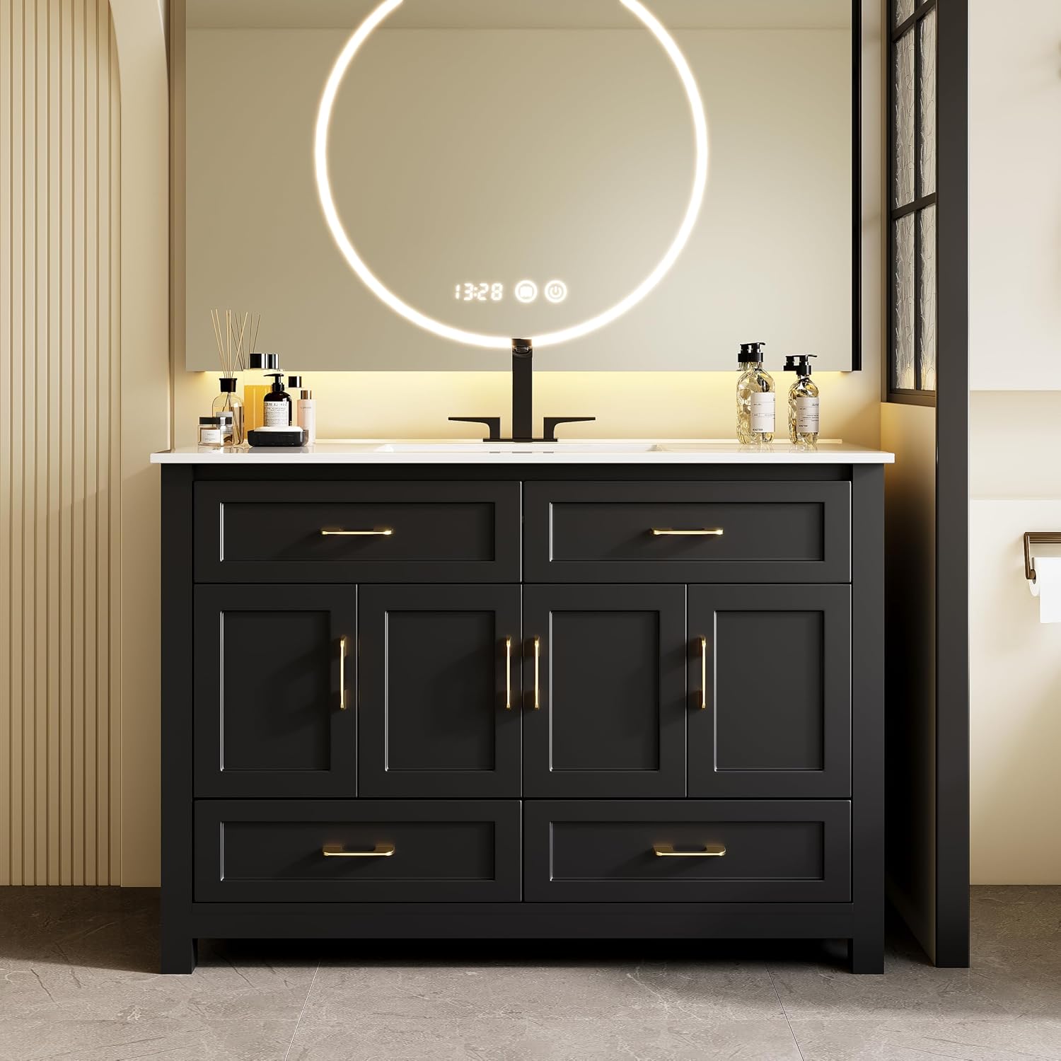 48' Bathroom Vanity with Sink, Modern Freestanding Single Sink Vanity Cabinet with Gold Handles, 2 Drawers & 4 Soft-Close Doors, Solid Wood Frame Bathroom Storage Cabinet with Ceramic Top, Black