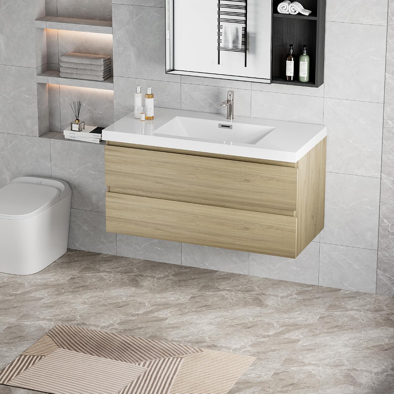42' Floating Bathroom Vanity with Sink, Modern Wall Mounted Bathroom Storage Vanity Cabinet with Resin Top Basin and Soft Close Drawers, Natural Oak 24V11 42NO