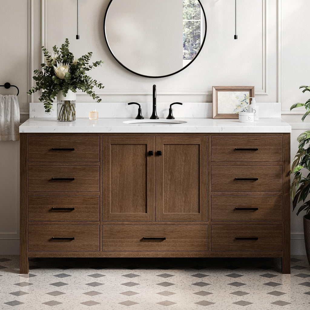 ARIEL Cambridge 66-inch Bathroom Vanity with Sink,Solid Wood, 1.5-inch Carrara White Quartz Countertop & Backsplash, Single Oval Porcelain Sink, 2 Soft Closing Doors, 9 Dovetail Drawers, Brown Oak