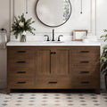 ARIEL Cambridge 66-inch Bathroom Vanity with Sink,Solid Wood, 1.5-inch Carrara White Quartz Countertop & Backsplash, Single Oval Porcelain Sink, 2 Soft Closing Doors, 9 Dovetail Drawers, Brown Oak
