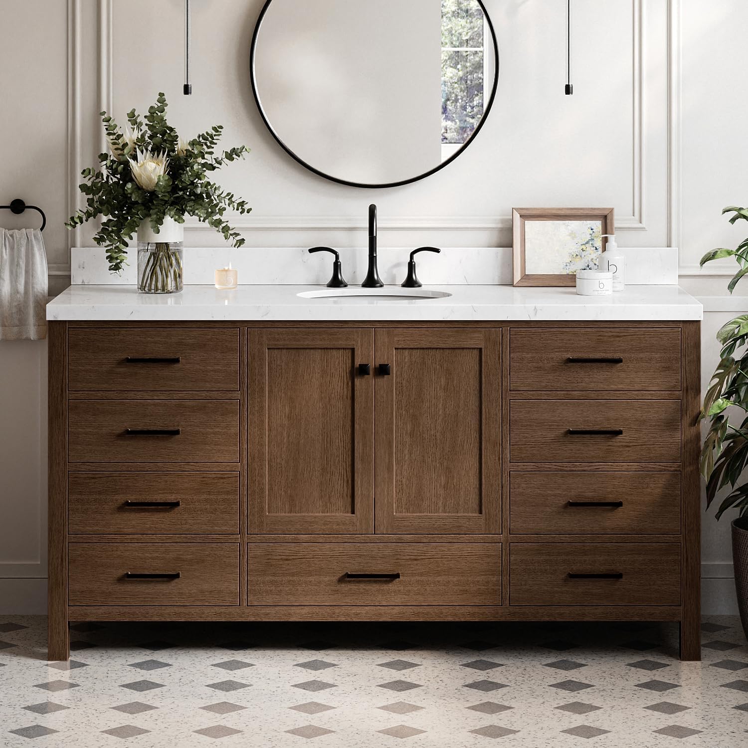 ARIEL Cambridge 66-inch Bathroom Vanity with Sink,Solid Wood, 1.5-inch Carrara White Quartz Countertop & Backsplash, Single Oval Porcelain Sink, 2 Soft Closing Doors, 9 Dovetail Drawers, Brown Oak
