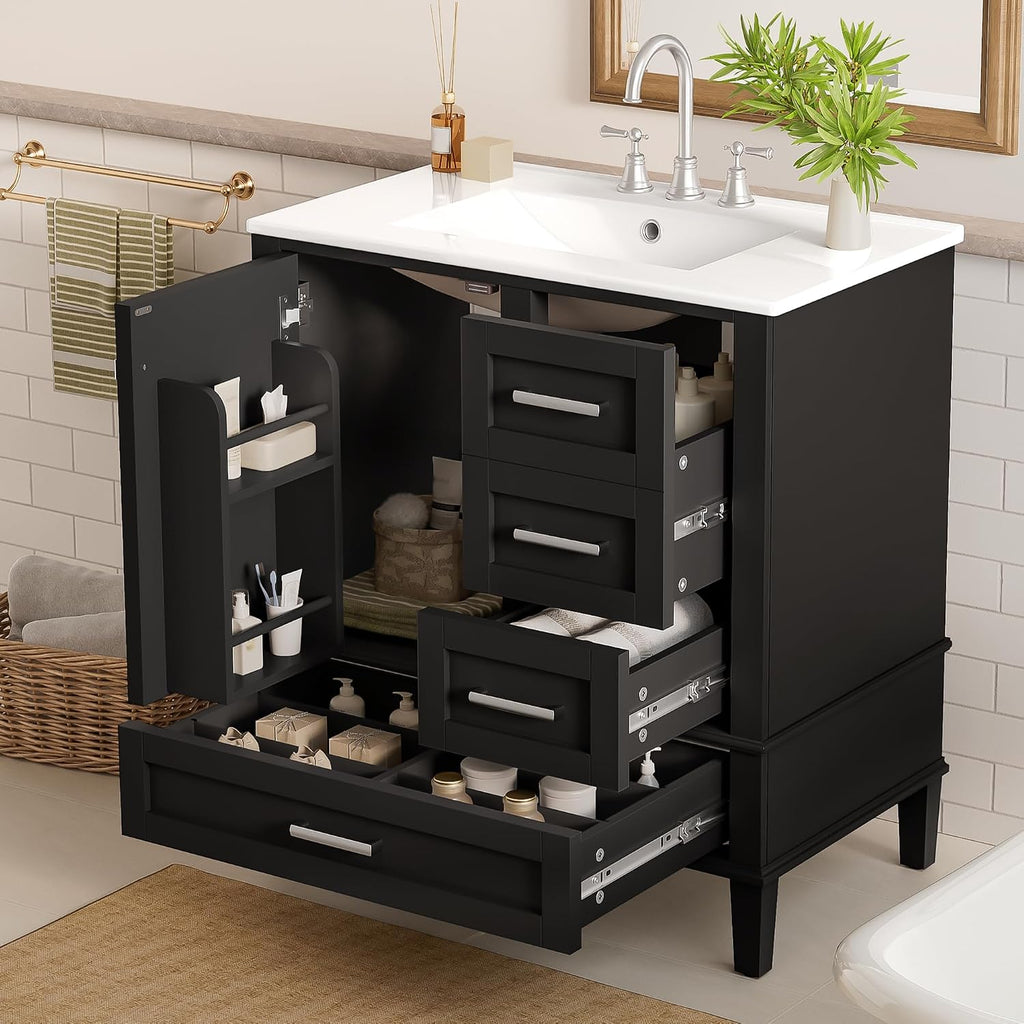 Harper & Bright Designs 30' Bathroom Vanity with Sink, Free Standing Single Basin Vanity Set with One Door, 2 Drawers and Divided Drawers, Wood Bathroom Cabinet with Ceramic Basin for Bathroom, Black
