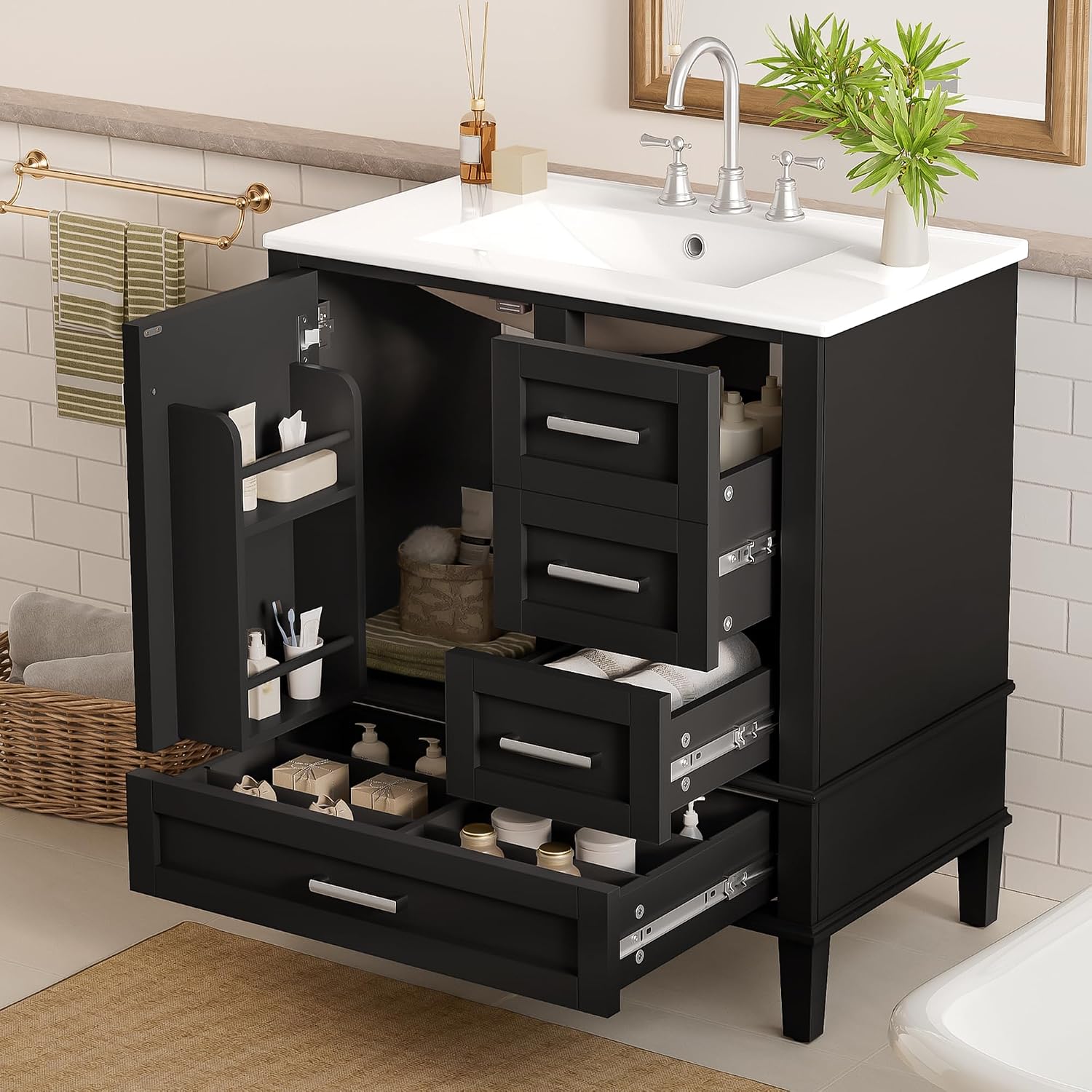 Harper & Bright Designs 30' Bathroom Vanity with Sink, Free Standing Single Basin Vanity Set with One Door, 2 Drawers and Divided Drawers, Wood Bathroom Cabinet with Ceramic Basin for Bathroom, Black