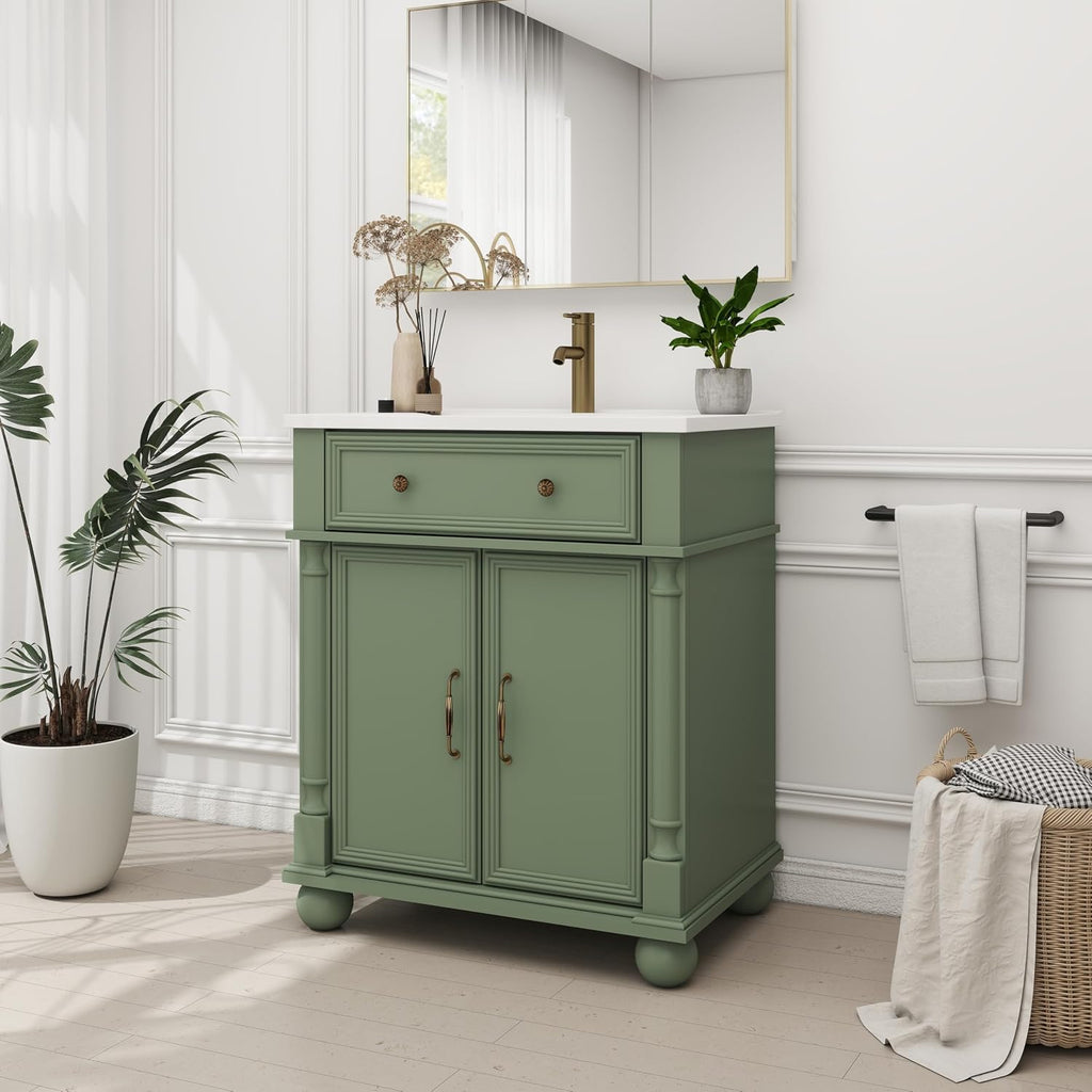 28 Inch Mid-Century Bathroom Vanity with Sink, Green Solid Wood Frame with Roman Column Base, Freestanding Cabinet with Metal Handles and Storage (Green)