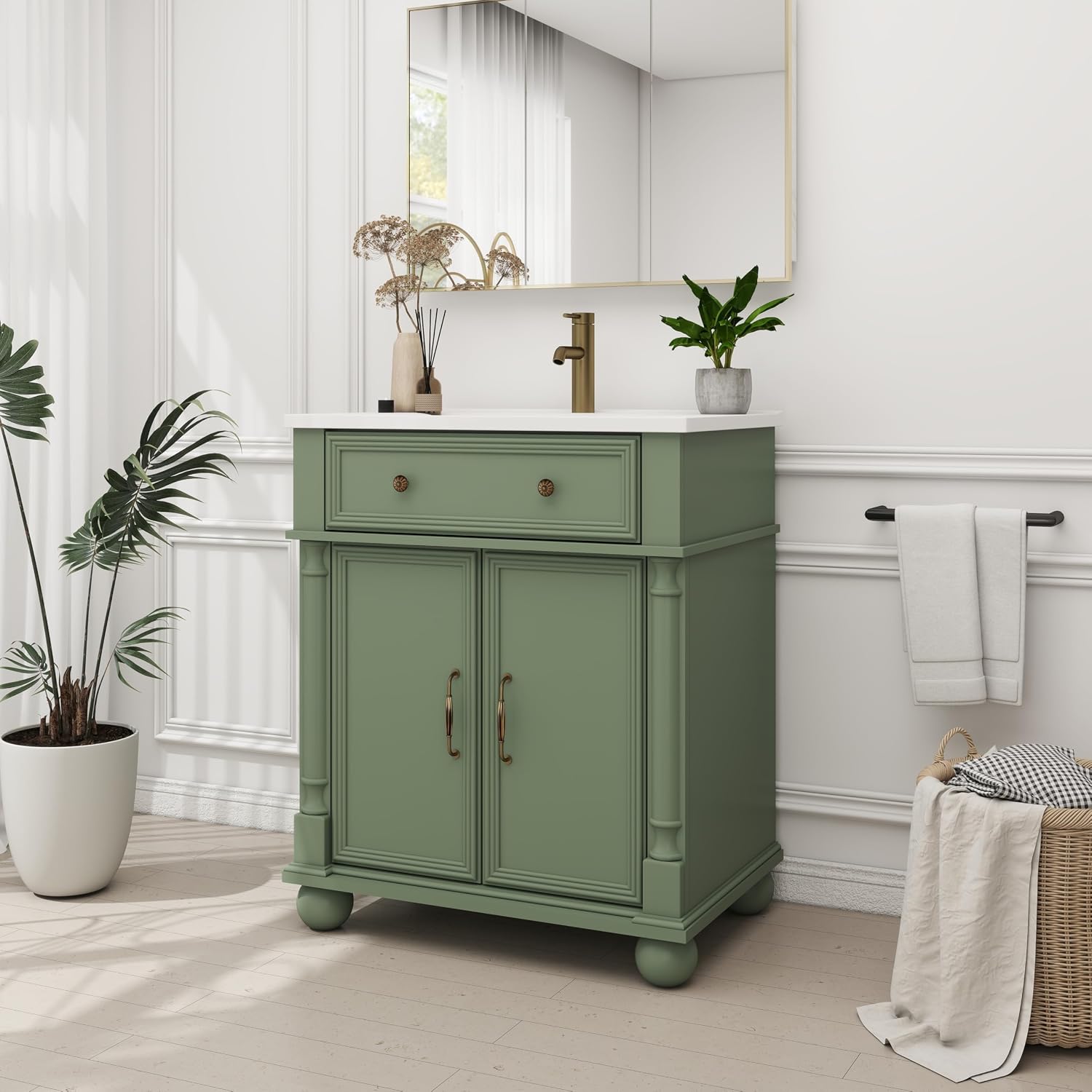 28 Inch Mid-Century Bathroom Vanity with Sink, Green Solid Wood Frame with Roman Column Base, Freestanding Cabinet with Metal Handles and Storage (Green)