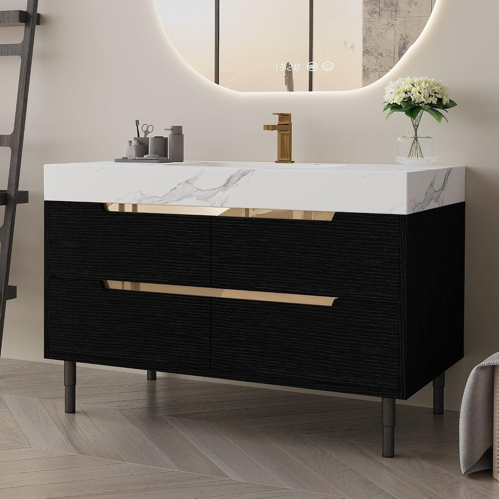 36' Bathroom Vanity with Undermount Sink Set, Modern Black 2-in-1 Wall Mounted & Freestanding Bathroom Vanity Cabinet with Sintered Stone top&4 Storage Drawers, Bathroom Single Sink Cabinet