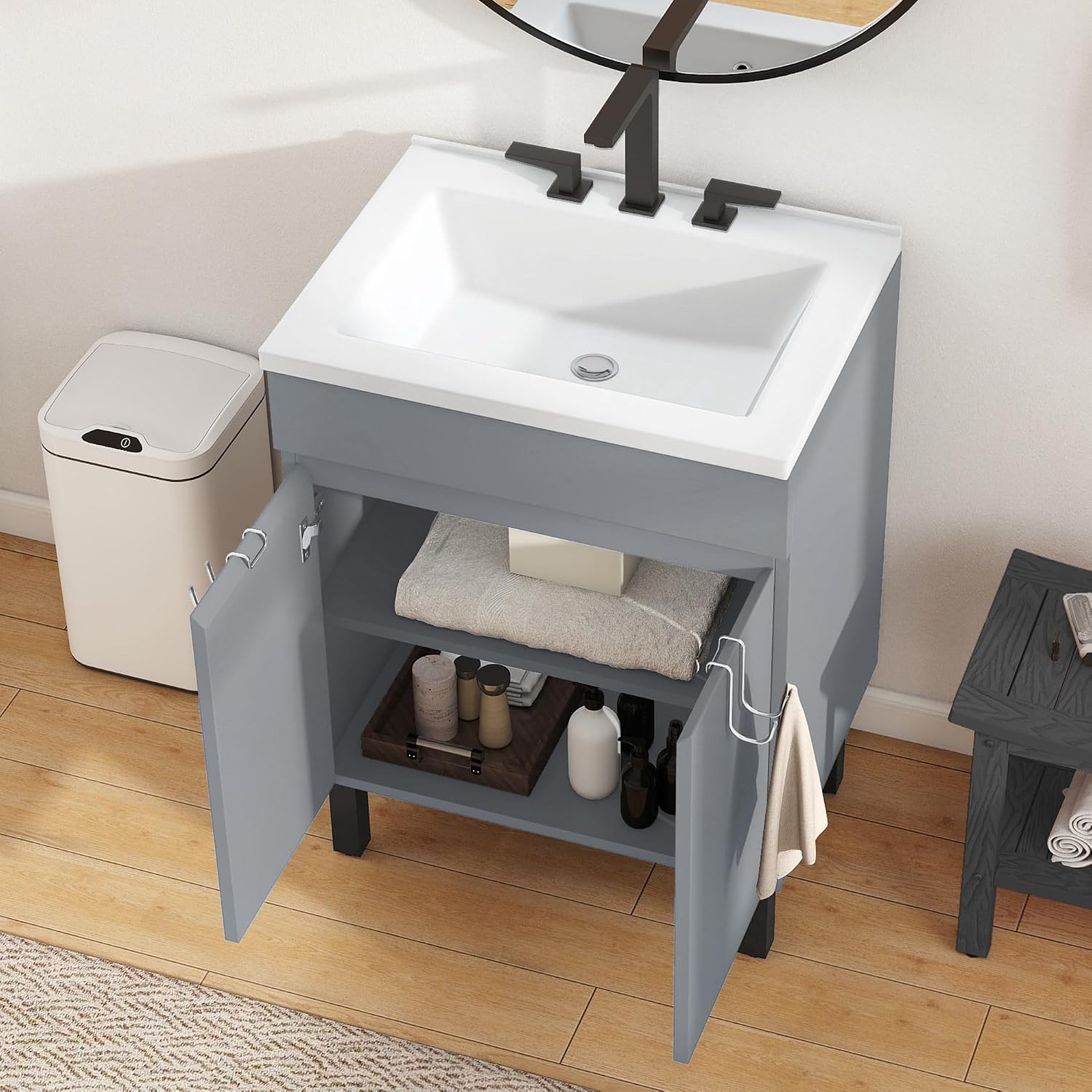YITAHOME 24 Inch Bathroom Vanity with Sink, Bathroom Cabinet Vanity for Small Space, Freestanding Storage Bathroom Vanity with 2 Soft Closing Cabinets, Grey