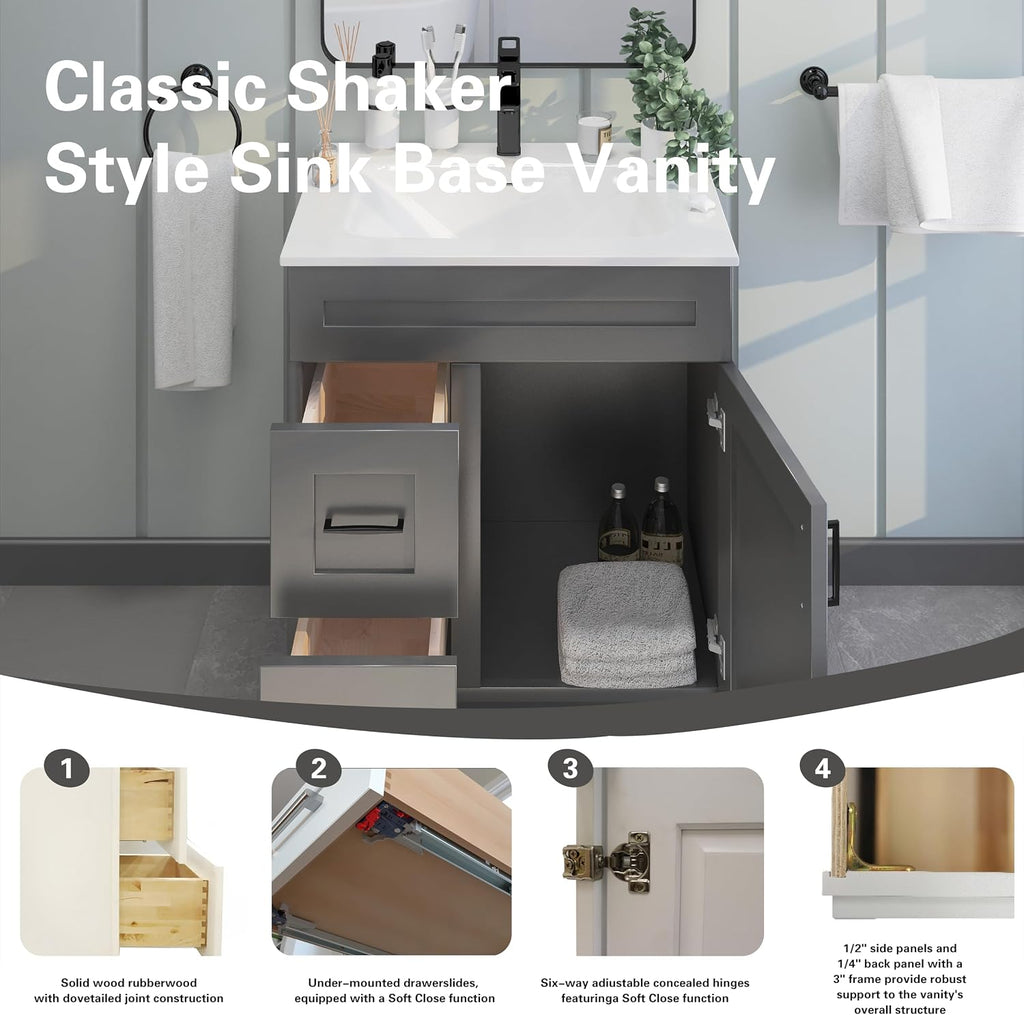 30' Shaker Bathroom Vanity Sink Base with Drawers (Ready-to-Assemble) (Grey Shaker Vanity Base)