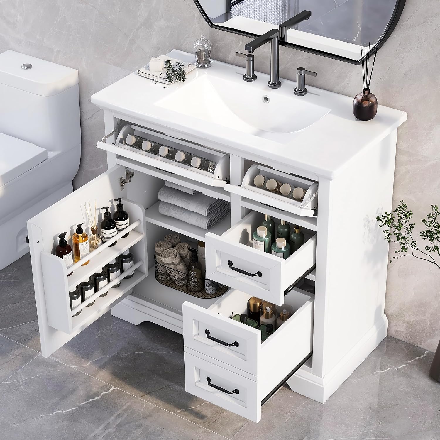 Mirightone 36' Vanity with Sink, Bathroom Vanities 36 inch with Sink, Single Sink Bathroom Vanity, 36 Restroom Vanity with Top, Includeing 2 Tip-Out Drawers and Soft Close Door Hinges (White)