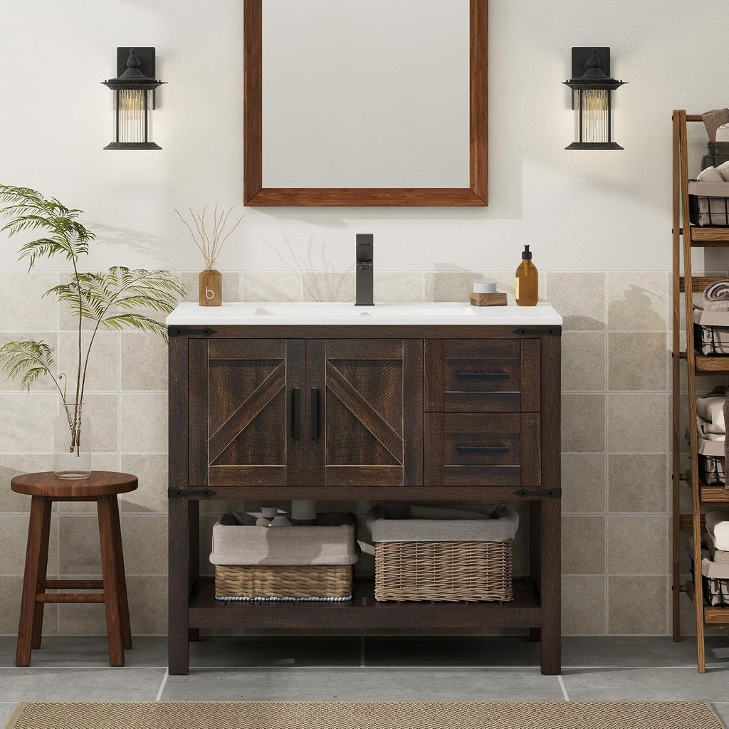 YOURLITE 36' Bathroom Vanity with Sink Combo, Rustic Farmhouse Vanity Cabinet with Under Mount Sink and Faucet, Two Sliding Drawers and Open Shelf, Rustic Brown