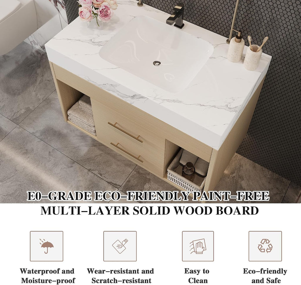 30' Bathroom Vanity with Sink Set, Modern Oak Wall Mounted Bathroom Vanity Cabinet with Sintered Stone Top&Gold Handle 2 Drawers&2 Open Storage, Single Sink Floating Bathroom Vanity