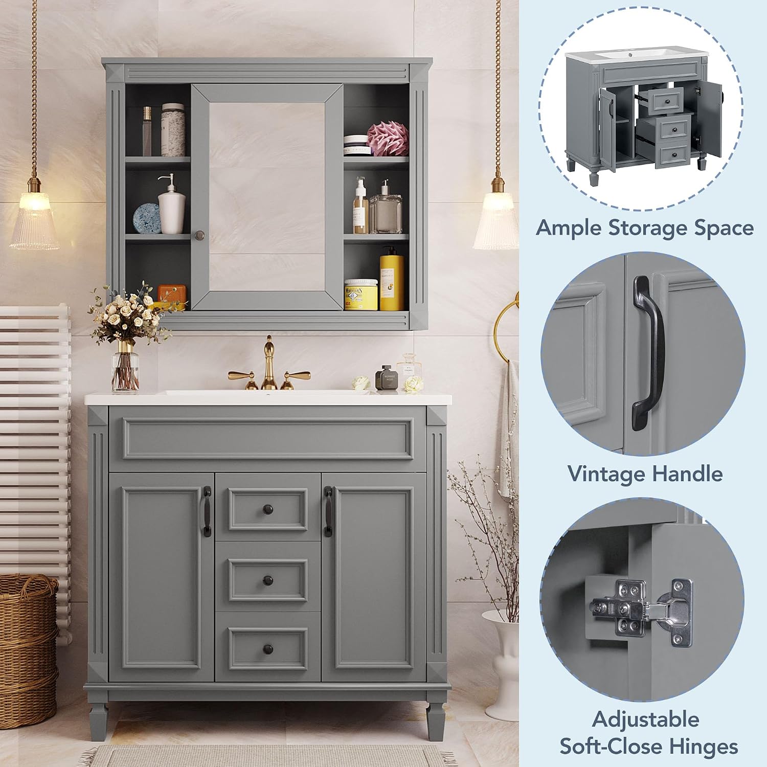Merax 36' Bathroom Vanities with Matching Medicine Cabinet & Single Sink, Modern Undermount Bathroom Sink Cabinet with 3 Closing Doors & 2 Full Extension Dovetail Drawers