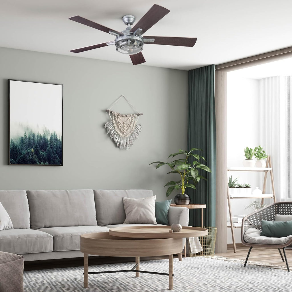 Prominence Home Freyr, 52 Inch Indoor Outdoor LED Ceiling Fan with Light, Remote Control, Dual Mounting Options, 5 Dual Finish Blades, Reversible Motor -51484-01 (Painted Galvanized)