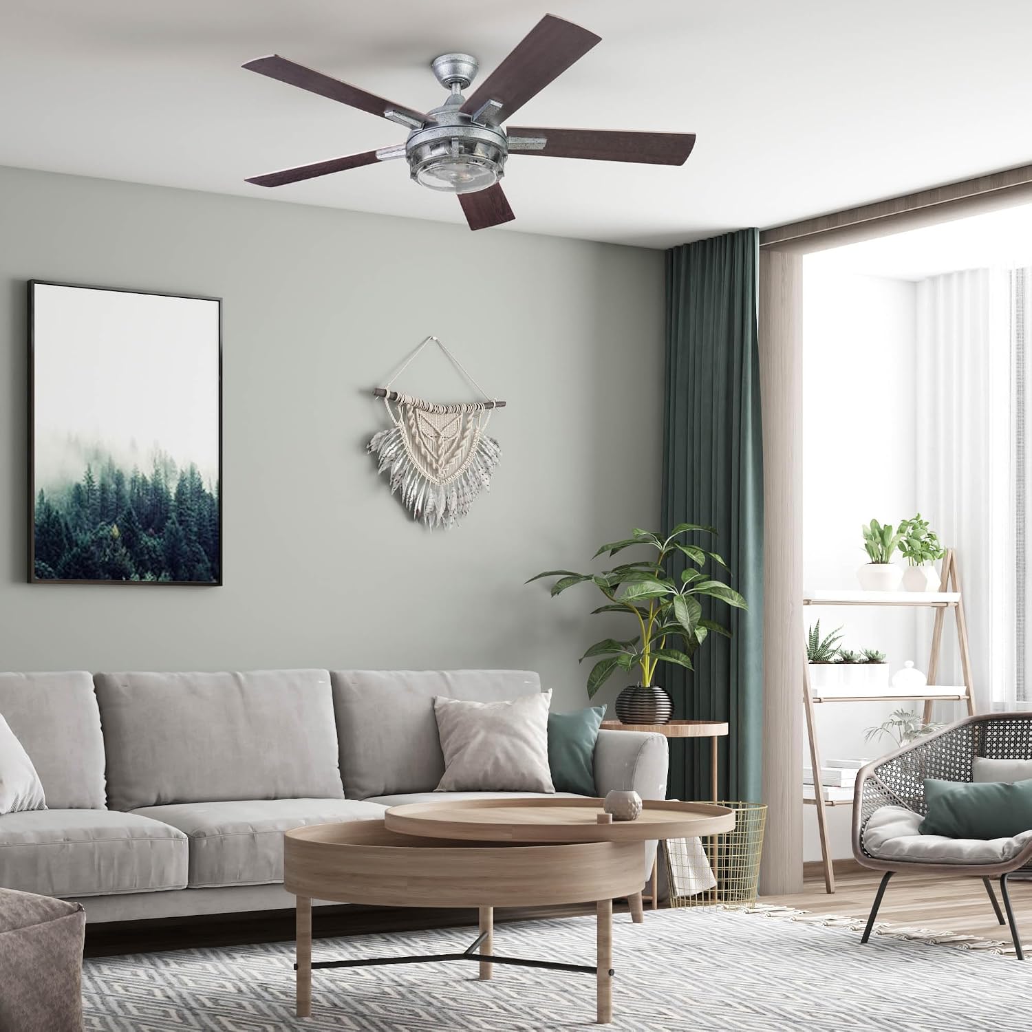 Prominence Home Freyr, 52 Inch Indoor Outdoor LED Ceiling Fan with Light, Remote Control, Dual Mounting Options, 5 Dual Finish Blades, Reversible Motor -51484-01 (Painted Galvanized)