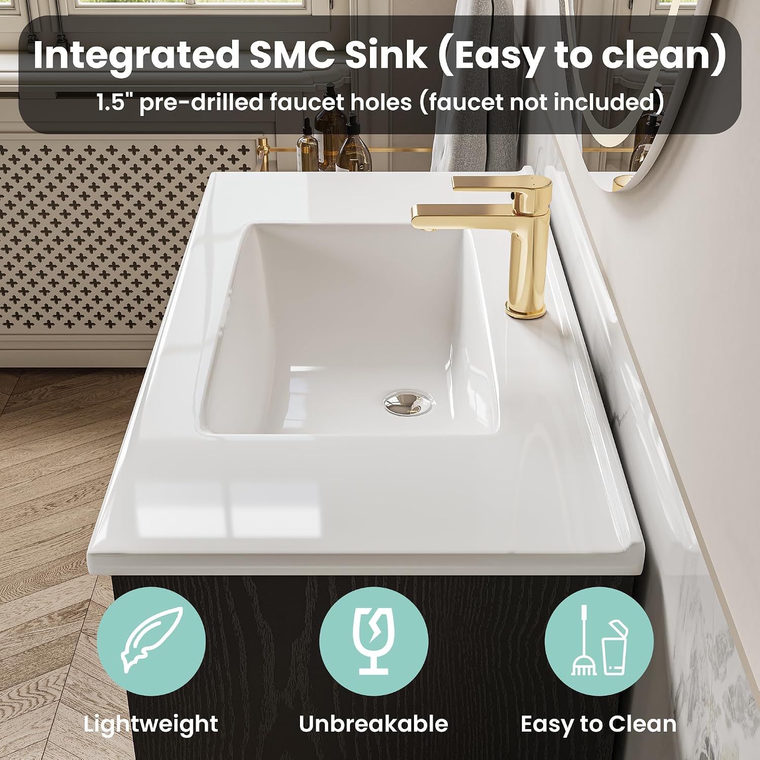 ANCTOR 36 inch Bathroom Vanity with Sink, Modern Black Bathroom Sink with Upgraded All-in-One SMC Sink, Adjustable Shelves, 2 Metal Hooks, Soft Closing Doors, 3 Drawers & Gold Handles
