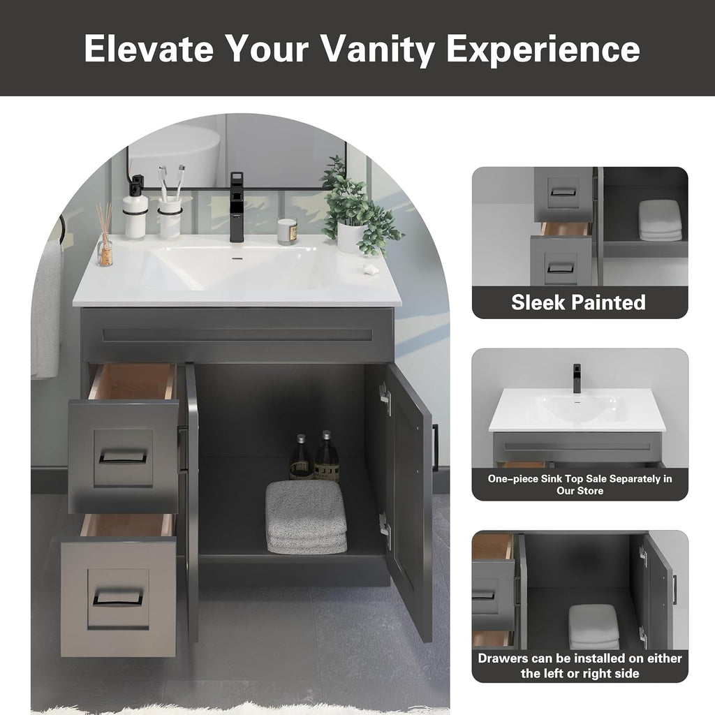 Gray Shaker Bathroom Vanity Sink Base with Drawers 36 in Ready-to-Assemble Cabinet