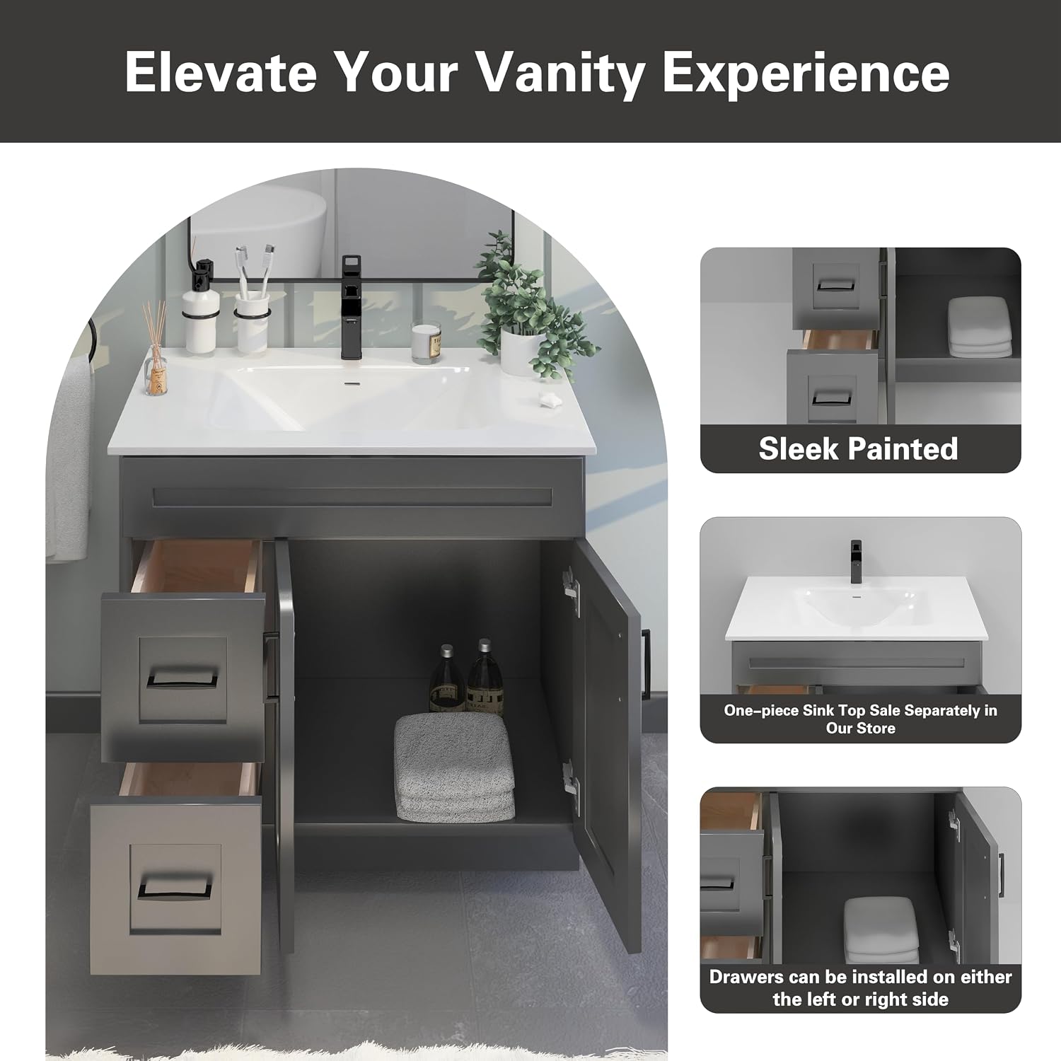 Gray Shaker Bathroom Vanity Sink Base with Drawers 36 in Ready-to-Assemble Cabinet