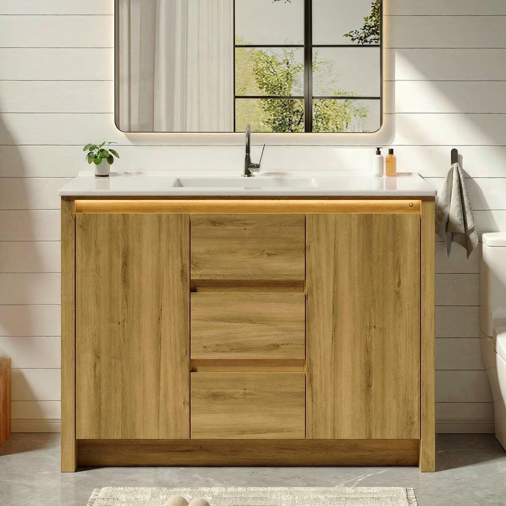 ONBRILL Modern Bathroom Vanity with Sink, Mid-Century Bath Vanities with Light & Integrated Resin Basin, 47.2' Large Single Sink Cabinet with Soft Closing Door & 3 Drawers for Master Bathroom, Hotel