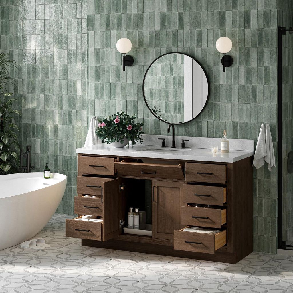 ARIEL Hepburn 60-inch Bathroom Vanity with Sink,Solid Wood, 1.5-inch Italian Carrara Marble Countertop, Single Rectangular Porcelain Sink, 2 Soft Closing Doors, 9 Dovetail Drawers, Brown Oak