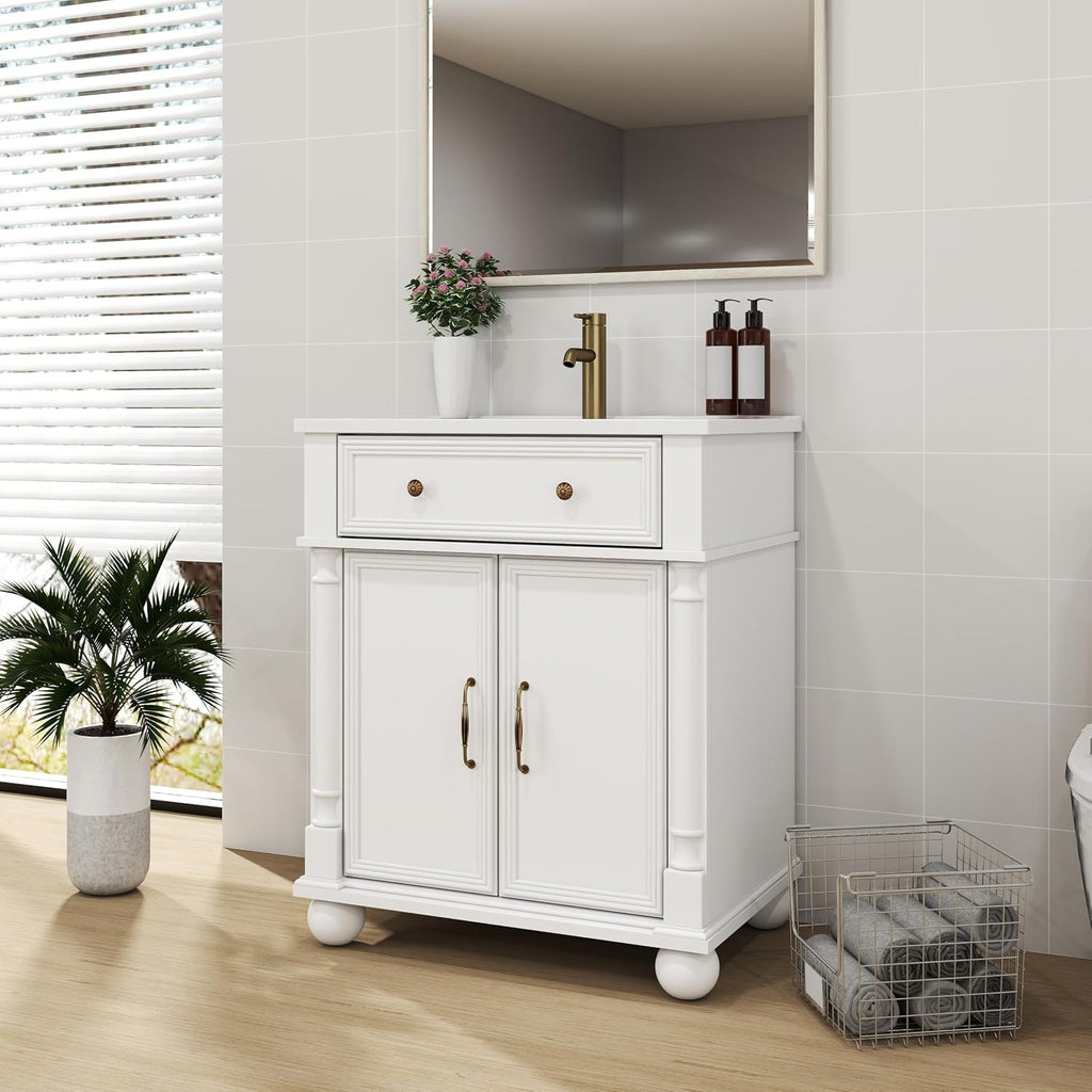 28 Inch Mid-Century Bathroom Vanity with Sink, Green Solid Wood Frame with Roman Column Base, Freestanding Cabinet with Metal Handles and Storage (White)