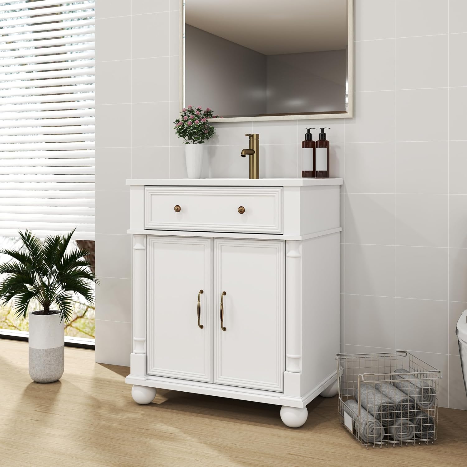 28 Inch Mid-Century Bathroom Vanity with Sink, Green Solid Wood Frame with Roman Column Base, Freestanding Cabinet with Metal Handles and Storage (White)